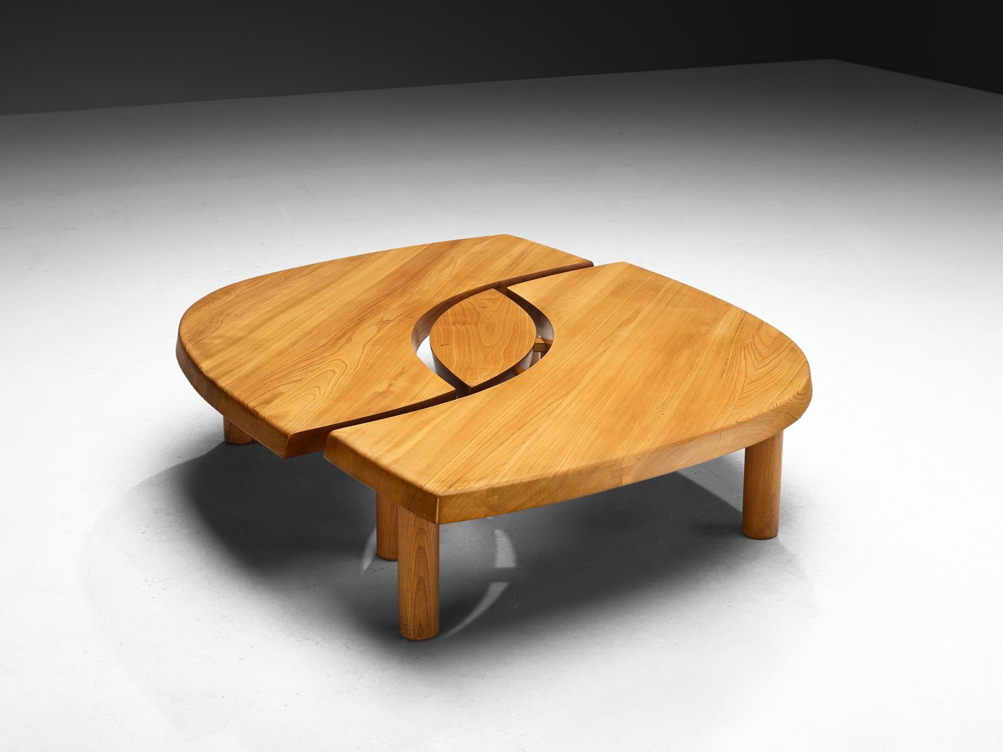 Early Pierre Chapo Large Coffee Table 'L'oeuil' in Solid Elm T22C