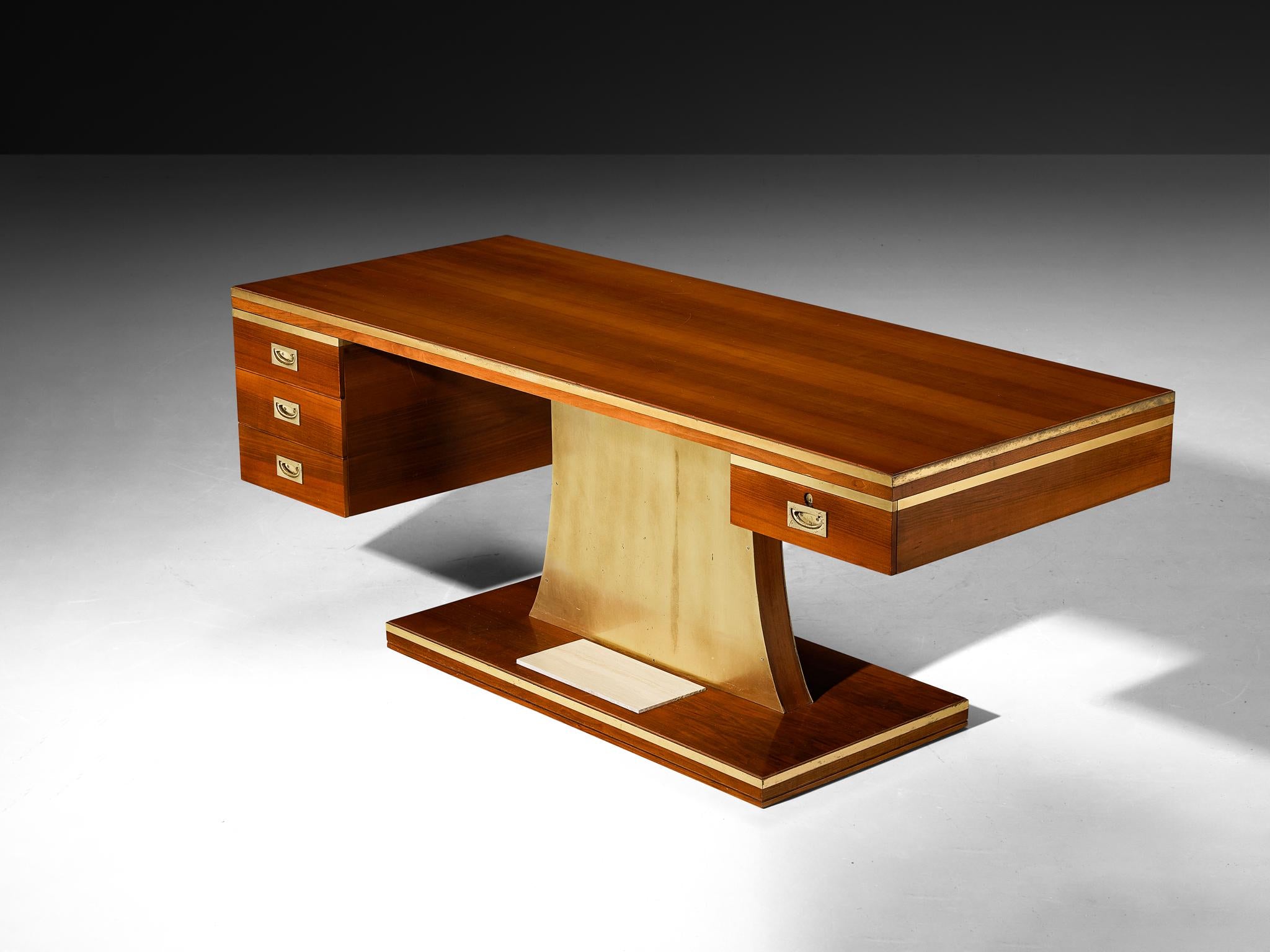 Unique Luciano Frigerio 'Lucien' Free Standing Desk in Walnut and Brass