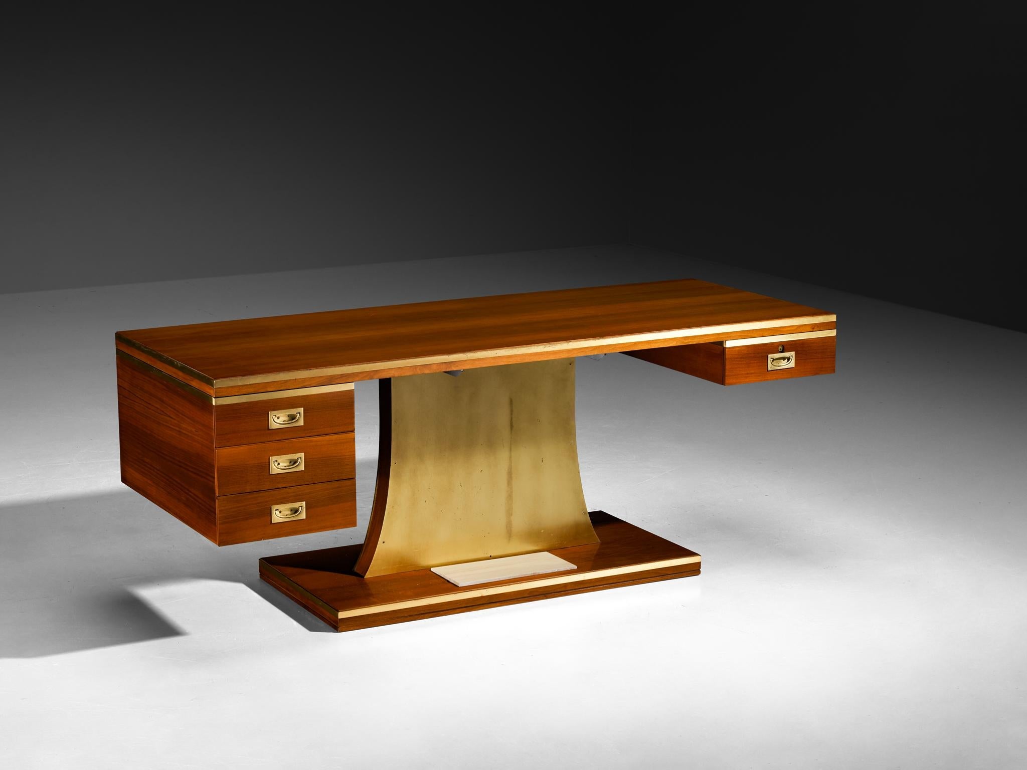 Unique Luciano Frigerio 'Lucien' Free Standing Desk in Walnut and Brass