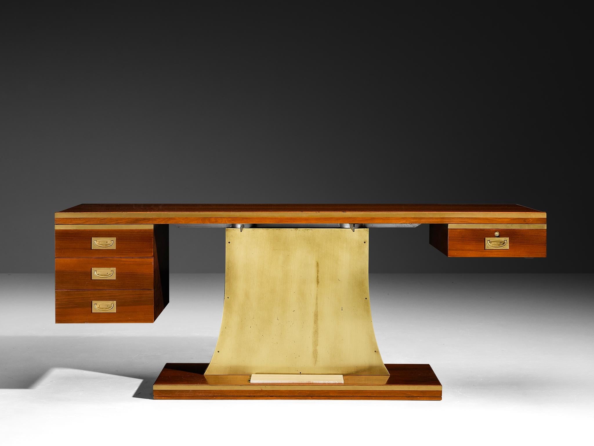 Unique Luciano Frigerio 'Lucien' Free Standing Desk in Walnut and Brass