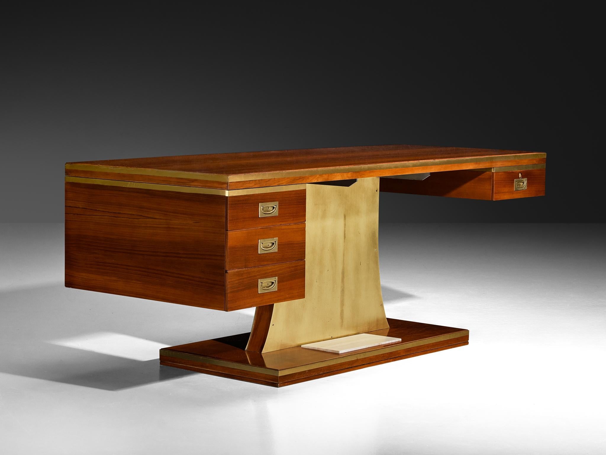 Unique Luciano Frigerio 'Lucien' Free Standing Desk in Walnut and Brass