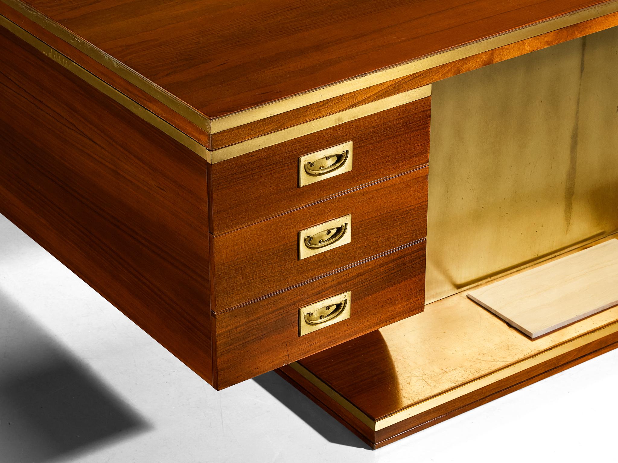 Unique Luciano Frigerio 'Lucien' Free Standing Desk in Walnut and Brass