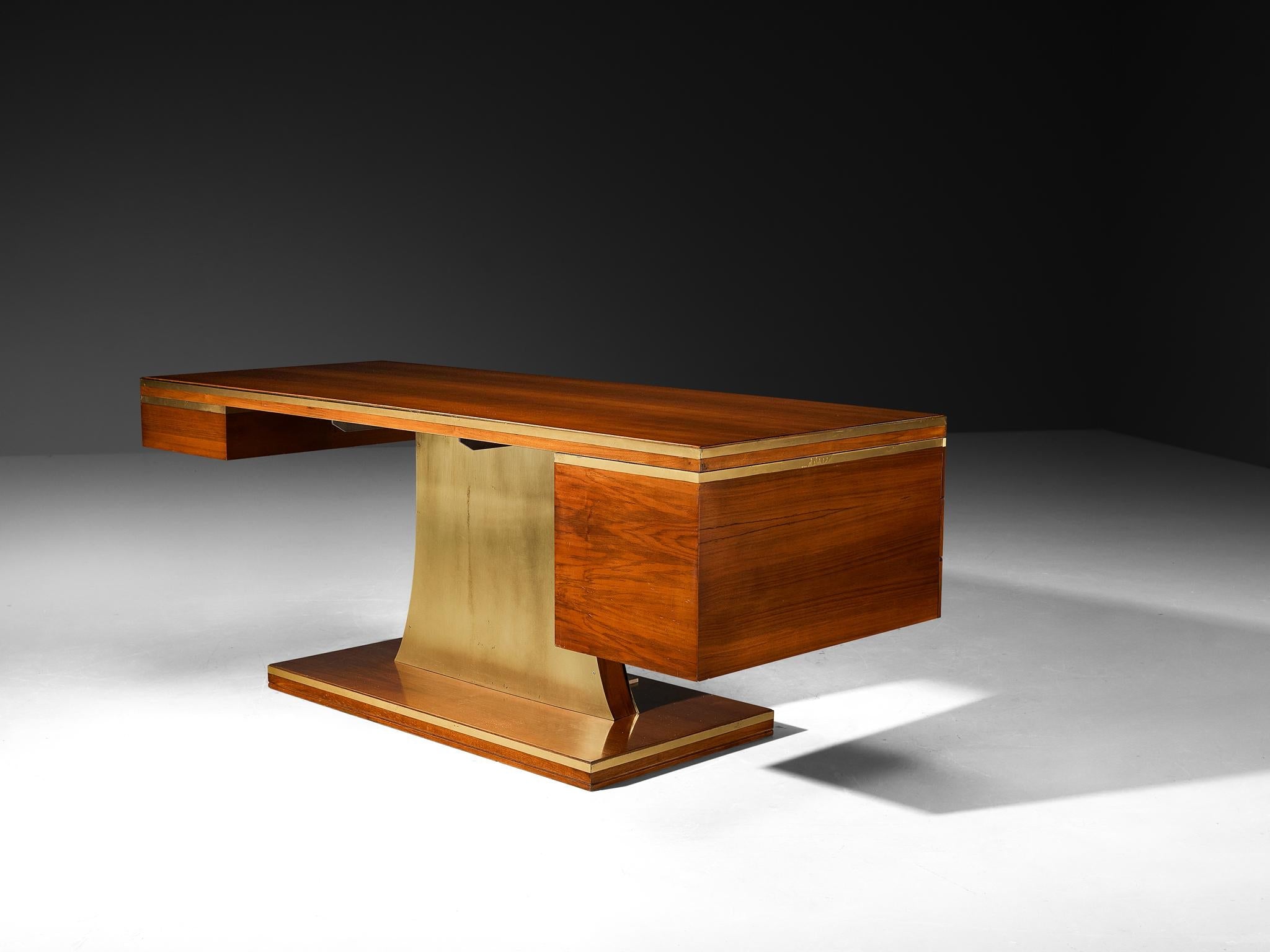 Unique Luciano Frigerio 'Lucien' Free Standing Desk in Walnut and Brass