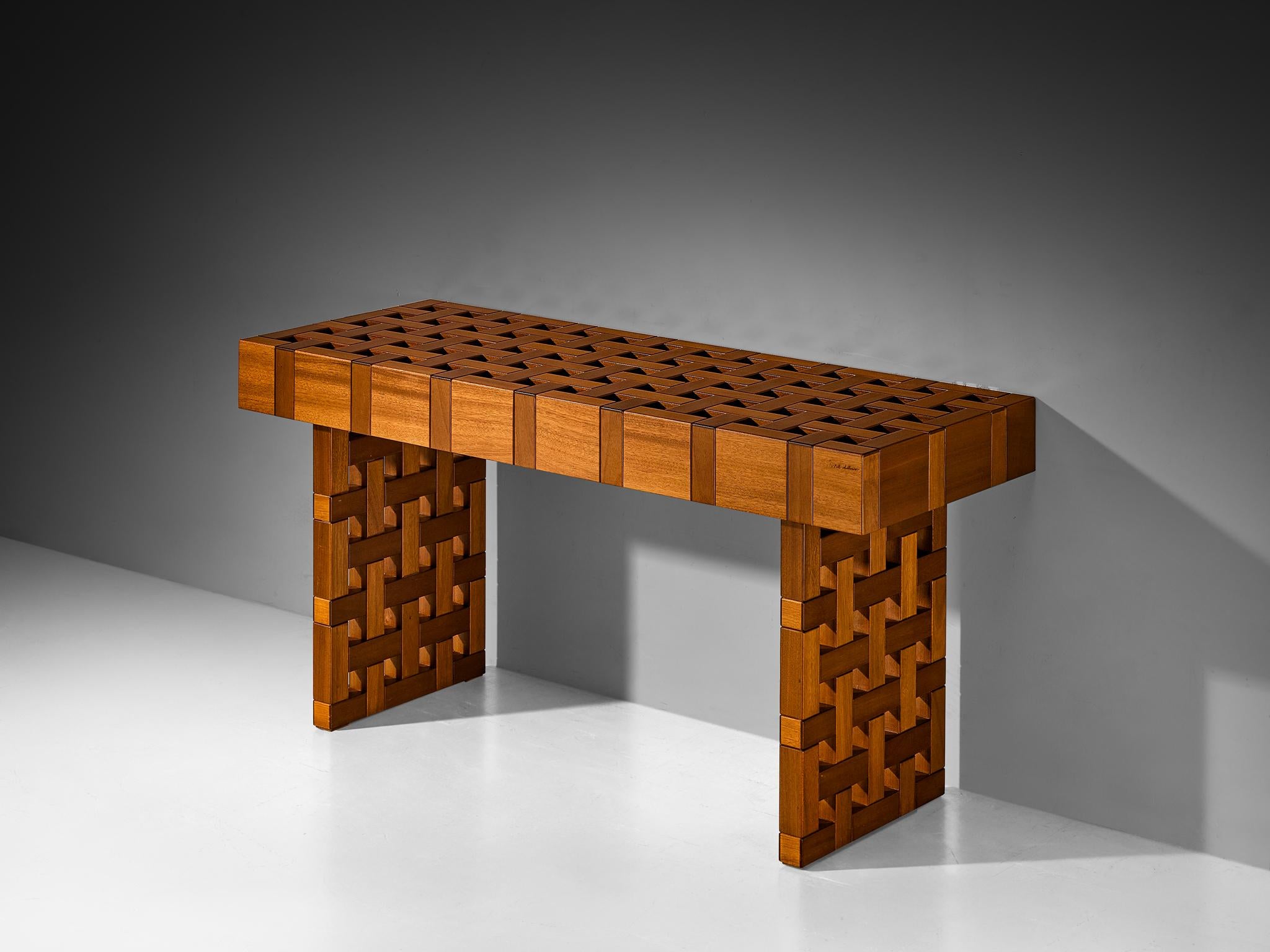 Italian Architectural Grid-Structured Center Table or Console in Meranti