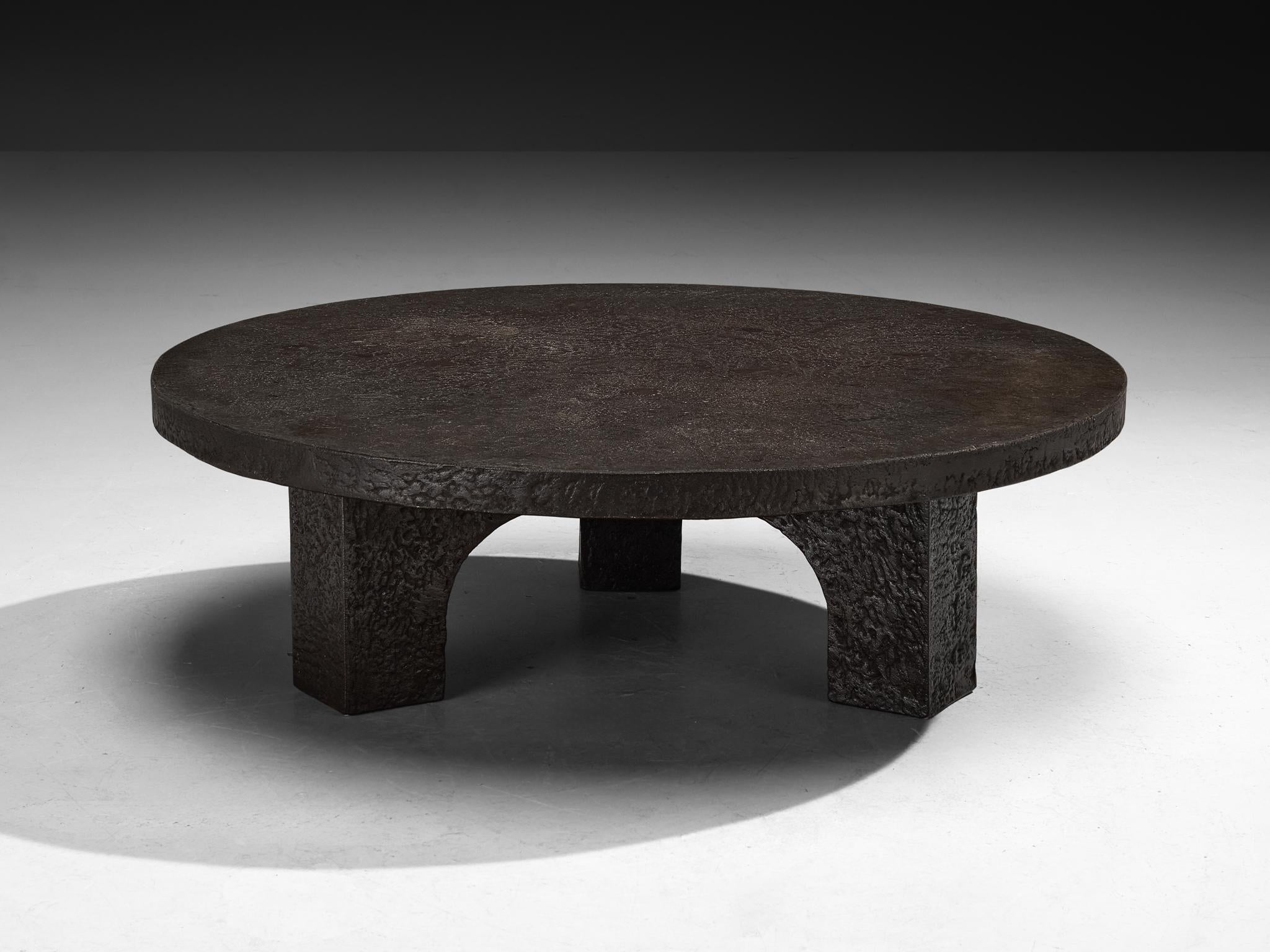 Brutalist Round Coffee Table in Dark Brown Stone Look