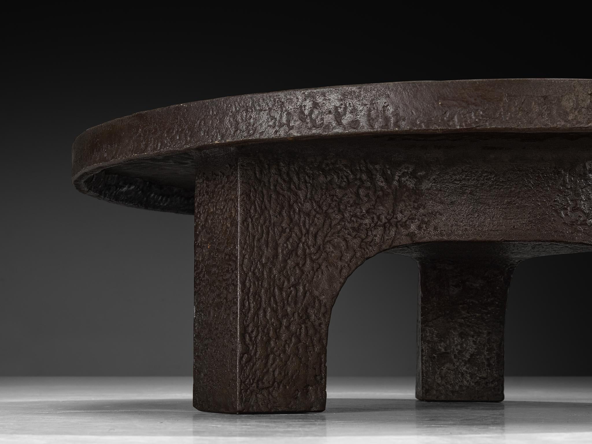 Brutalist Round Coffee Table in Dark Brown Stone Look