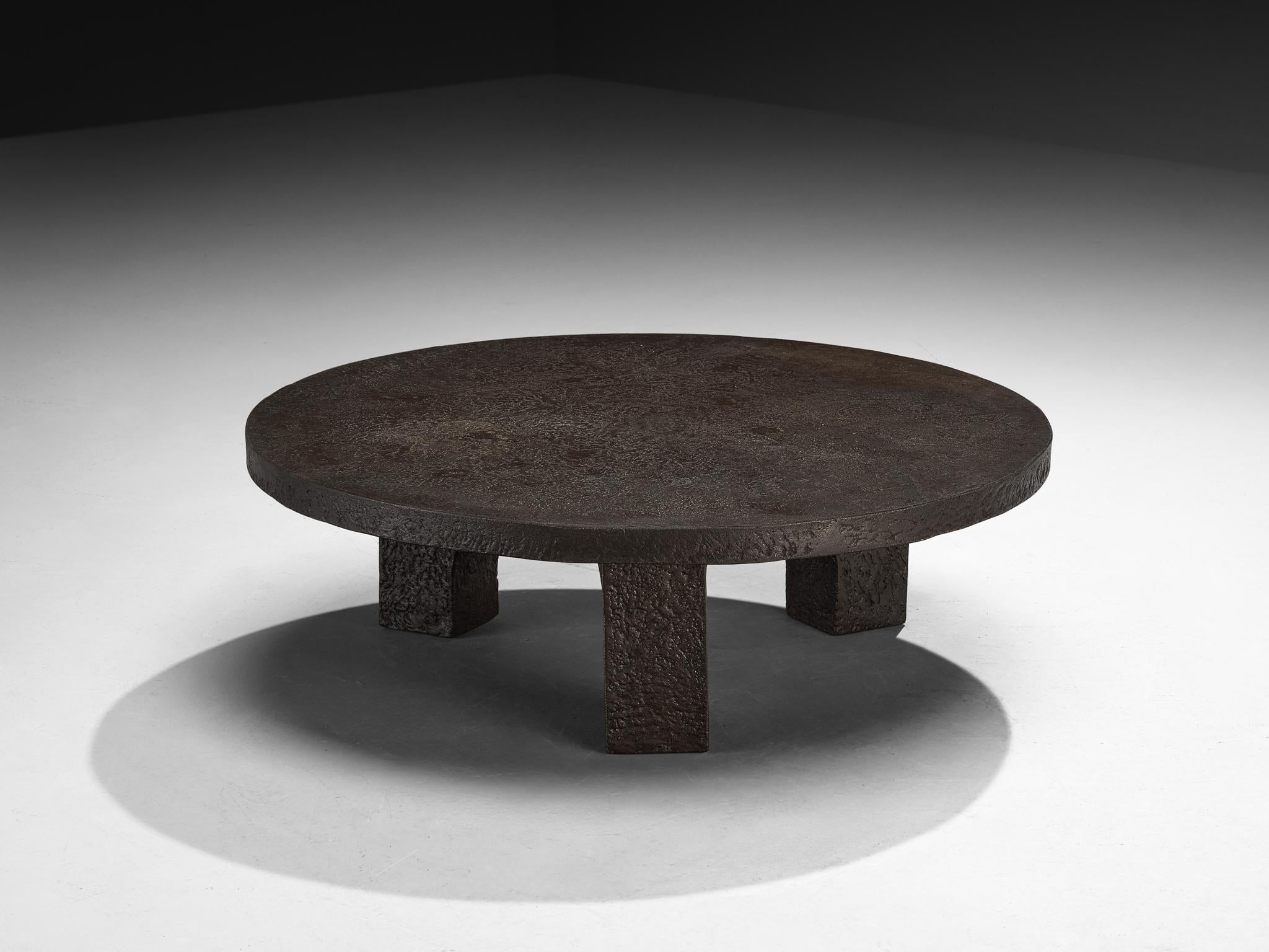 Brutalist Round Coffee Table in Dark Brown Stone Look