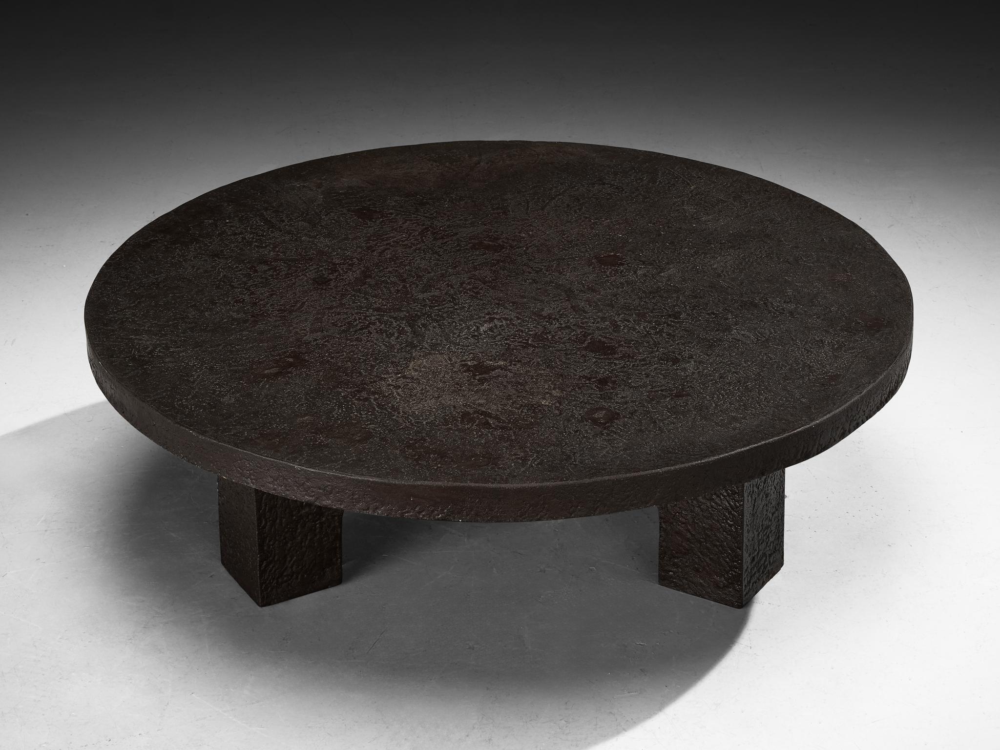 Brutalist Round Coffee Table in Dark Brown Stone Look