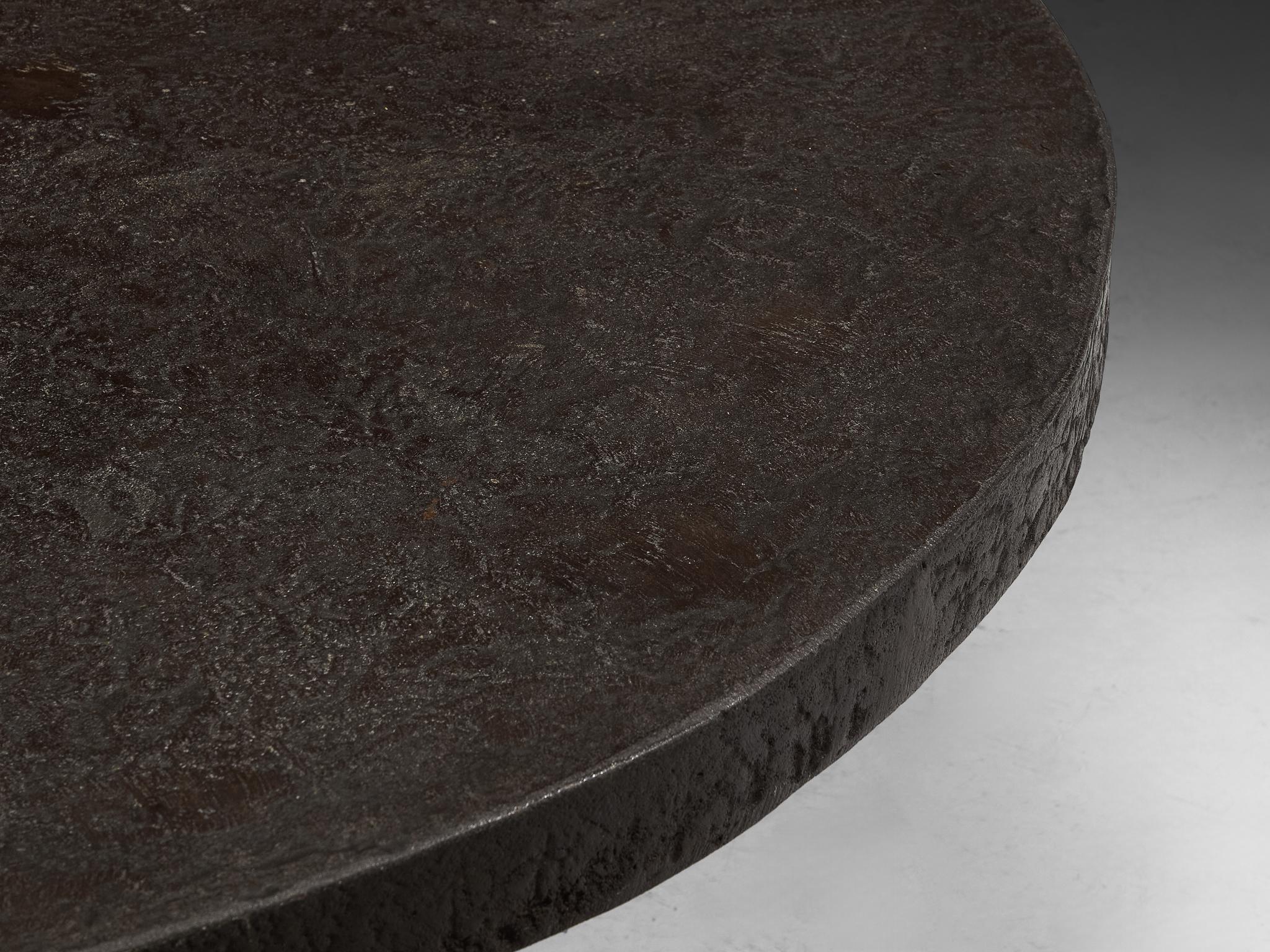 Brutalist Round Coffee Table in Dark Brown Stone Look