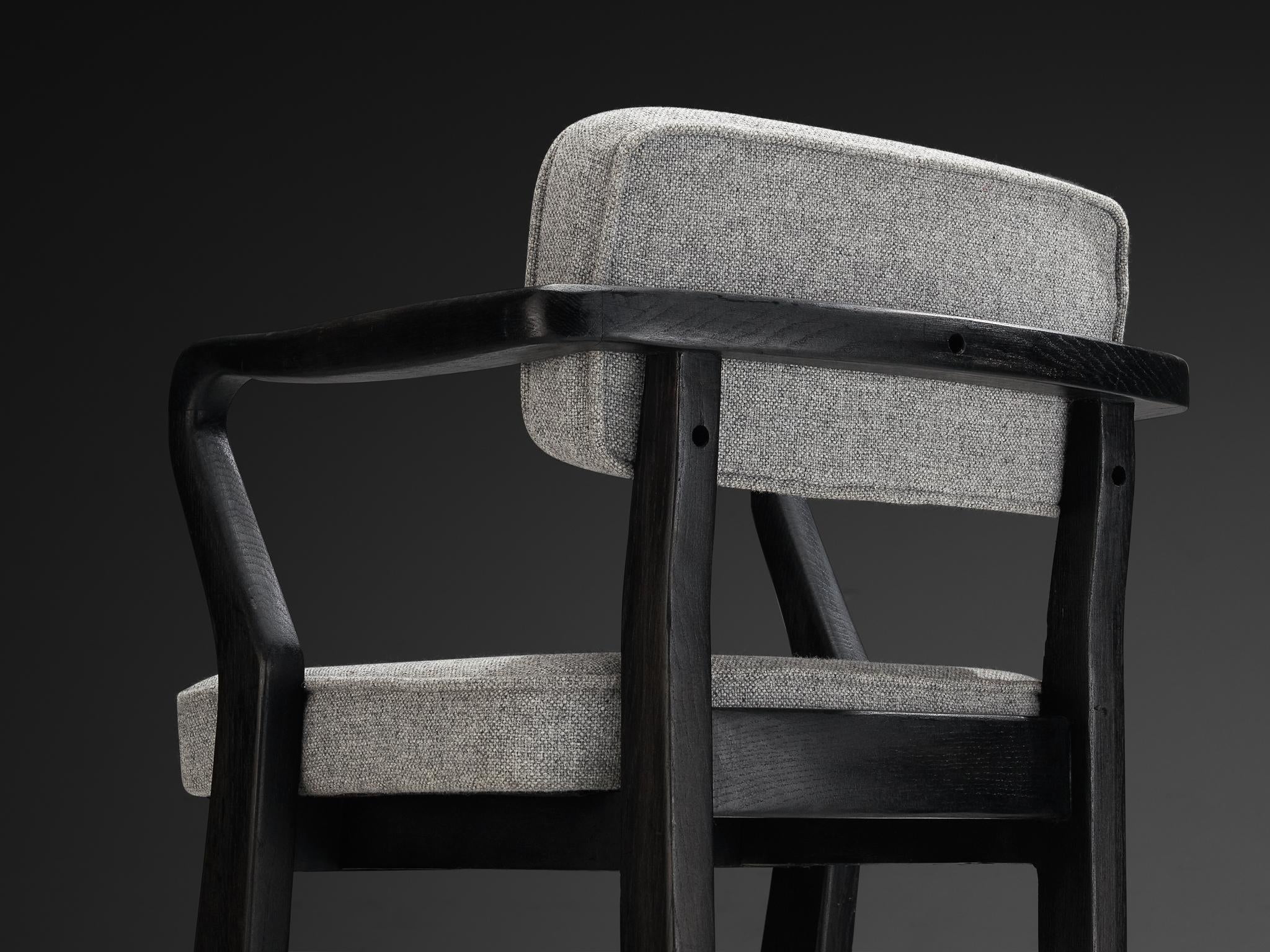 Guillerme & Chambron 'Denis' Armchair in Darkened Oak and Grey Upholstery