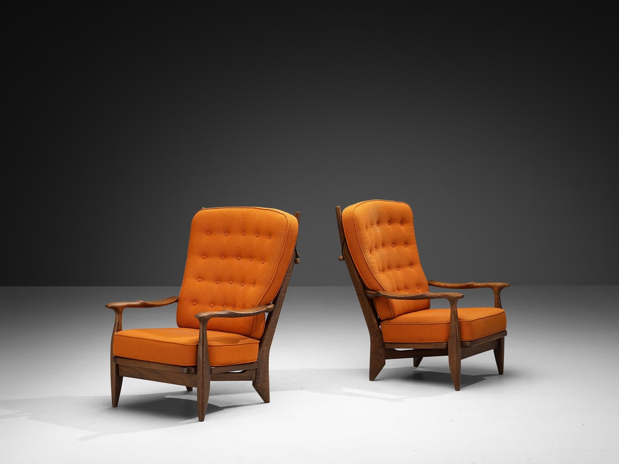 Guillerme & Chambron Lounge Chairs in Solid Oak and Orange Wool