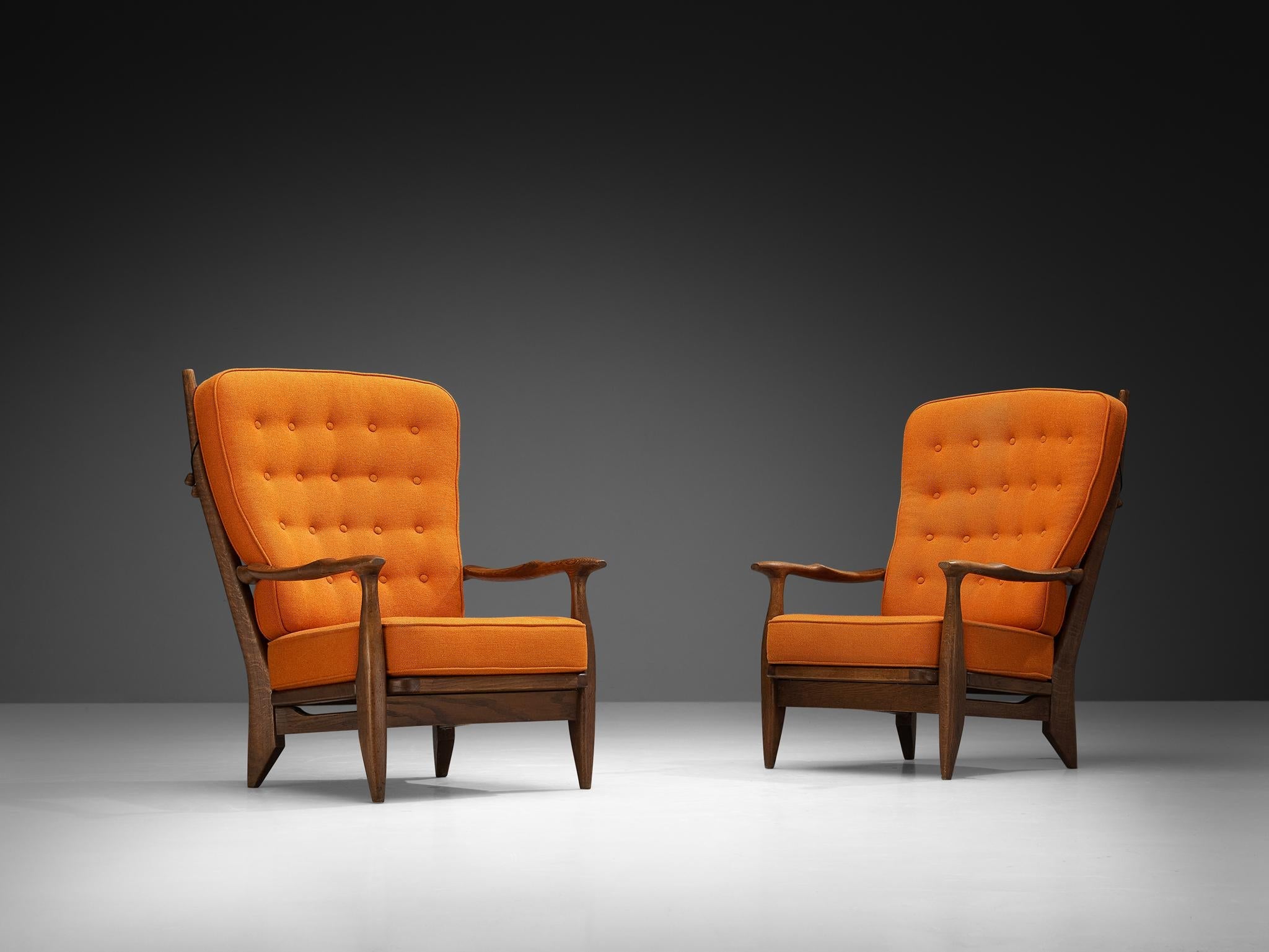 Guillerme & Chambron Lounge Chairs in Solid Oak and Orange Wool