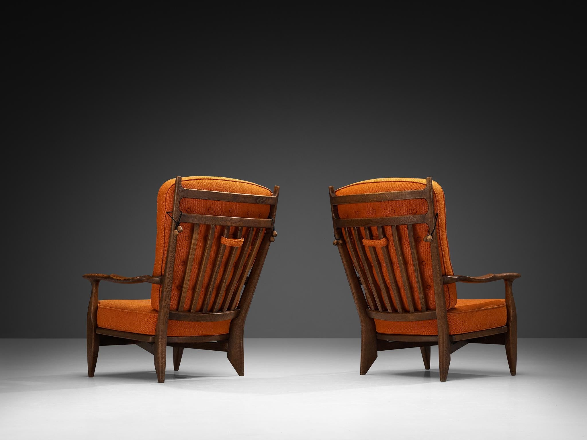 Guillerme & Chambron Lounge Chairs in Solid Oak and Orange Wool