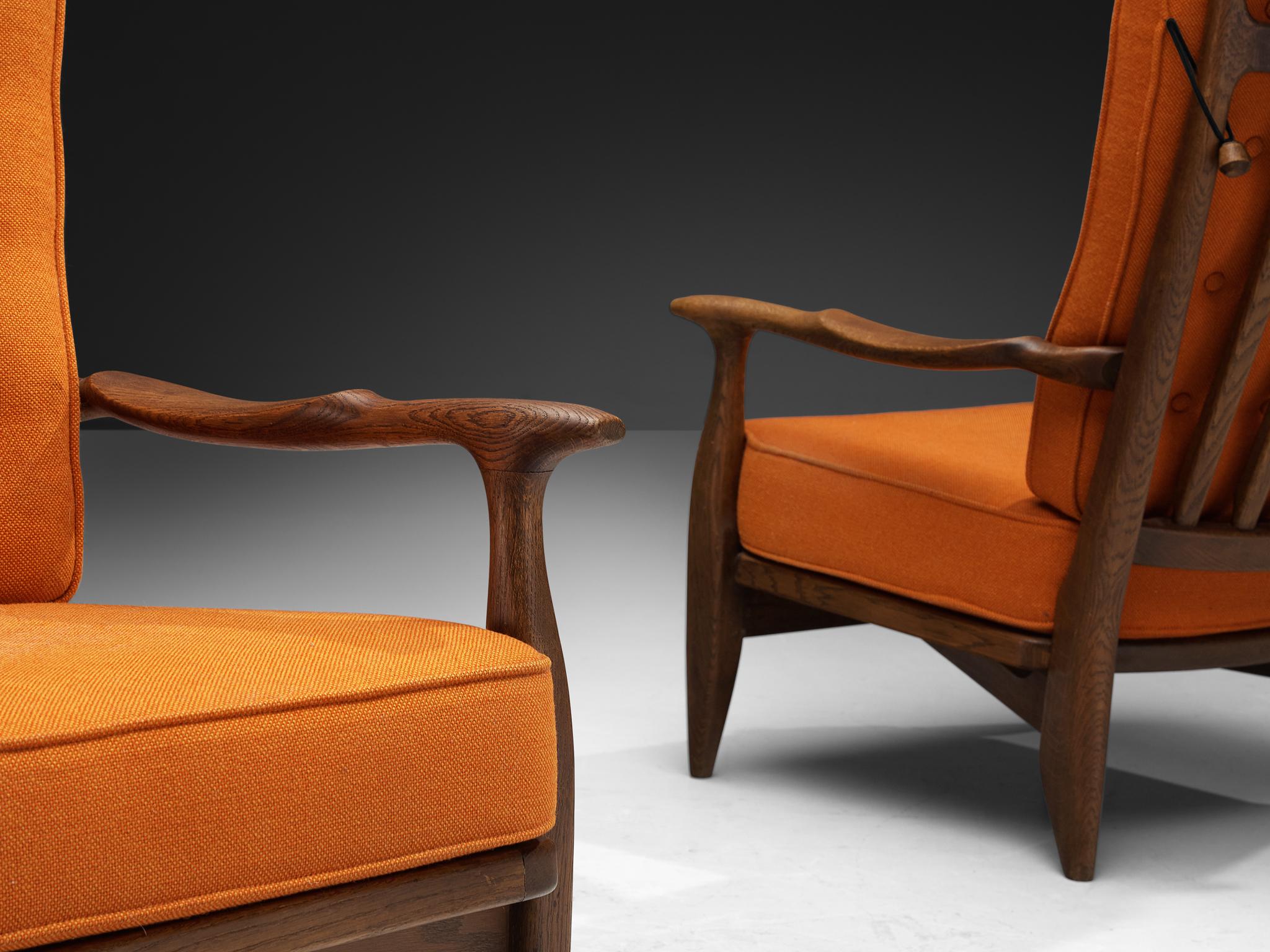 Guillerme & Chambron Lounge Chairs in Solid Oak and Orange Wool