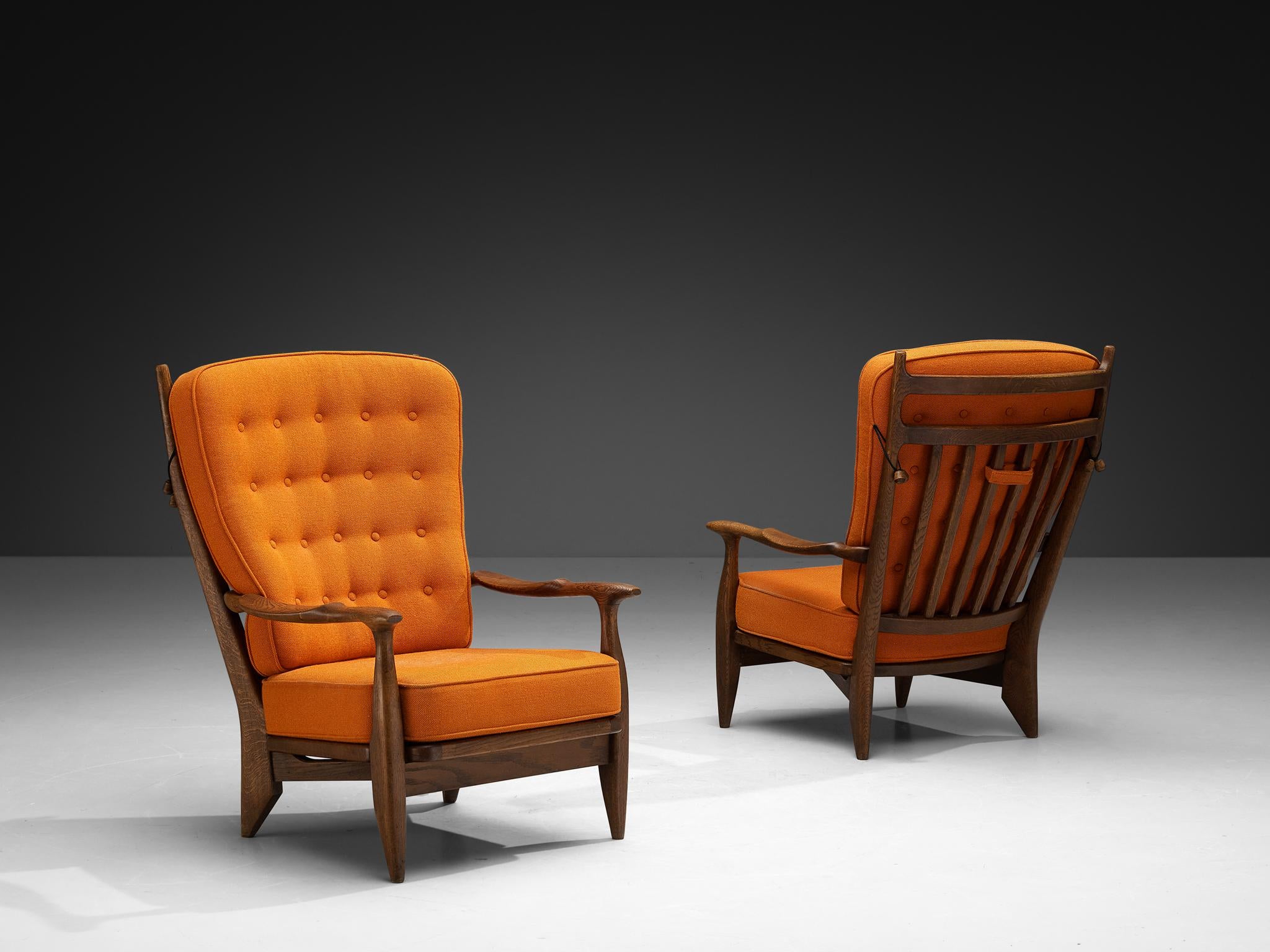 Guillerme & Chambron Lounge Chairs in Solid Oak and Orange Wool