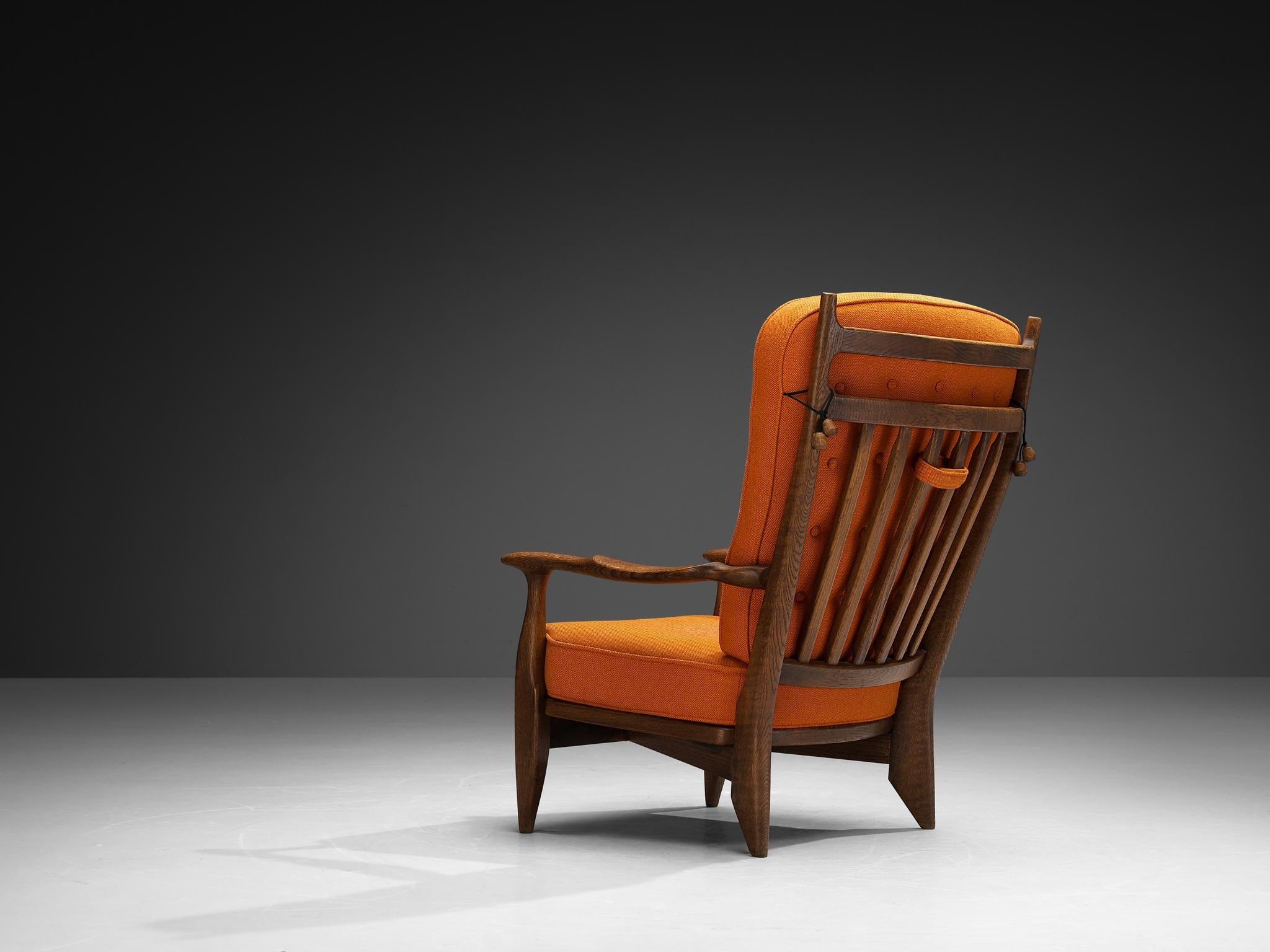 Guillerme & Chambron Lounge Chairs in Solid Oak and Orange Wool