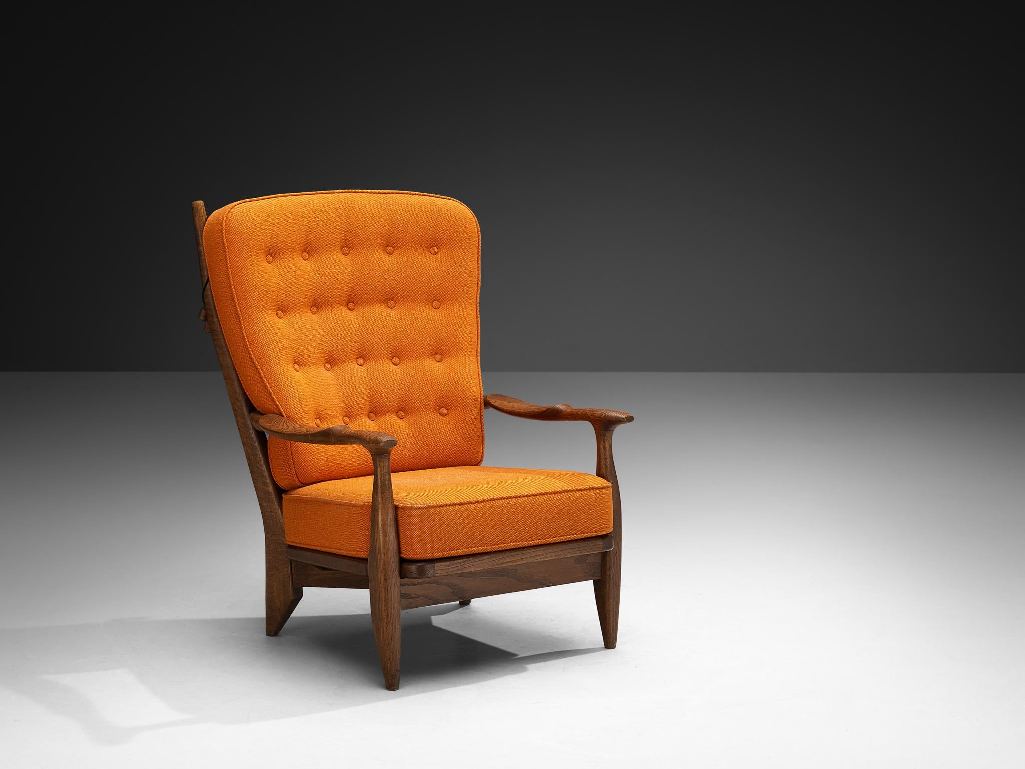 Guillerme & Chambron Lounge Chairs in Solid Oak and Orange Wool