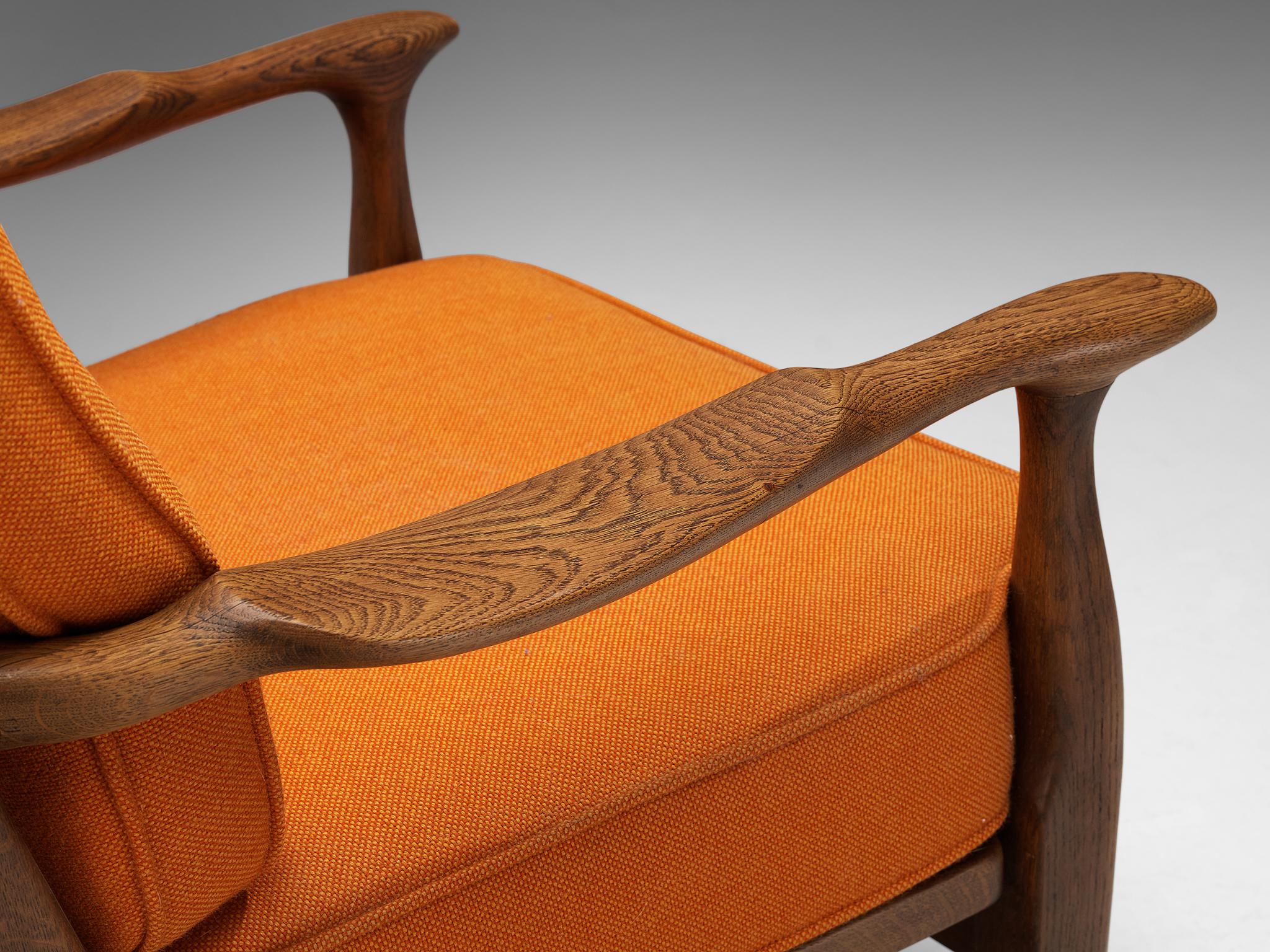 Guillerme & Chambron Lounge Chairs in Solid Oak and Orange Wool