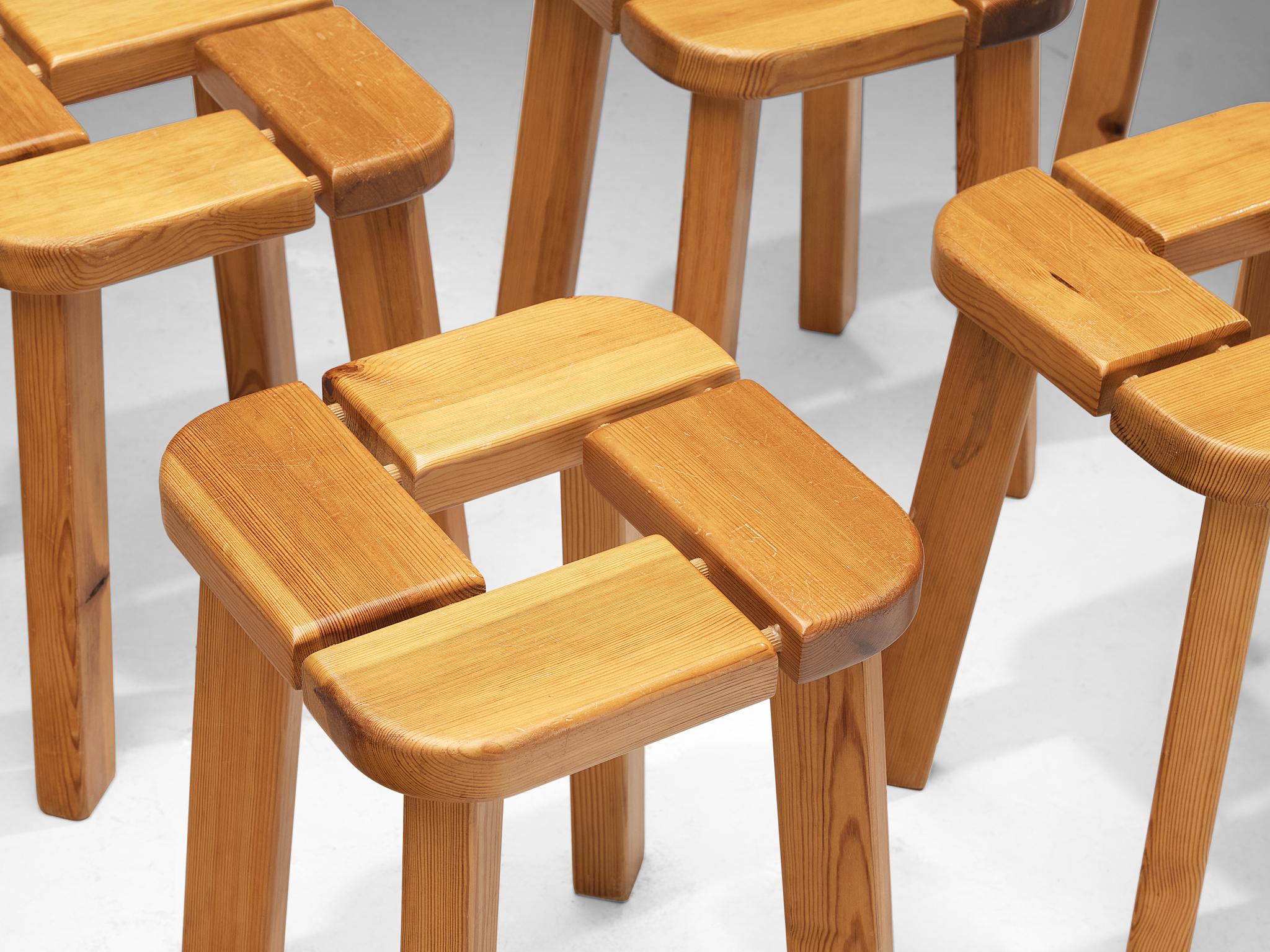 Scandinavian Stools in Pine with Geometric Tops 1970s