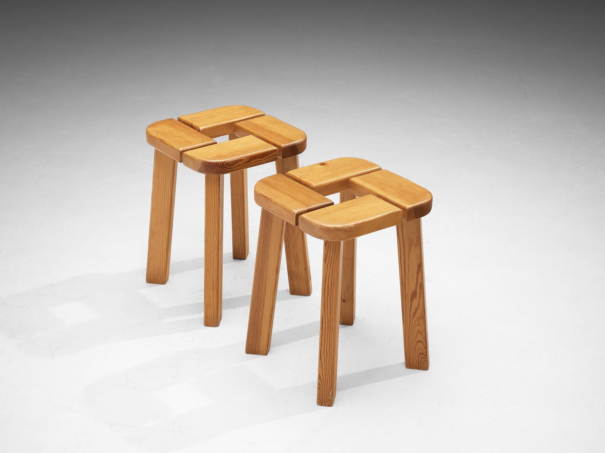 Scandinavian Stools in Pine with Geometric Tops 1970s