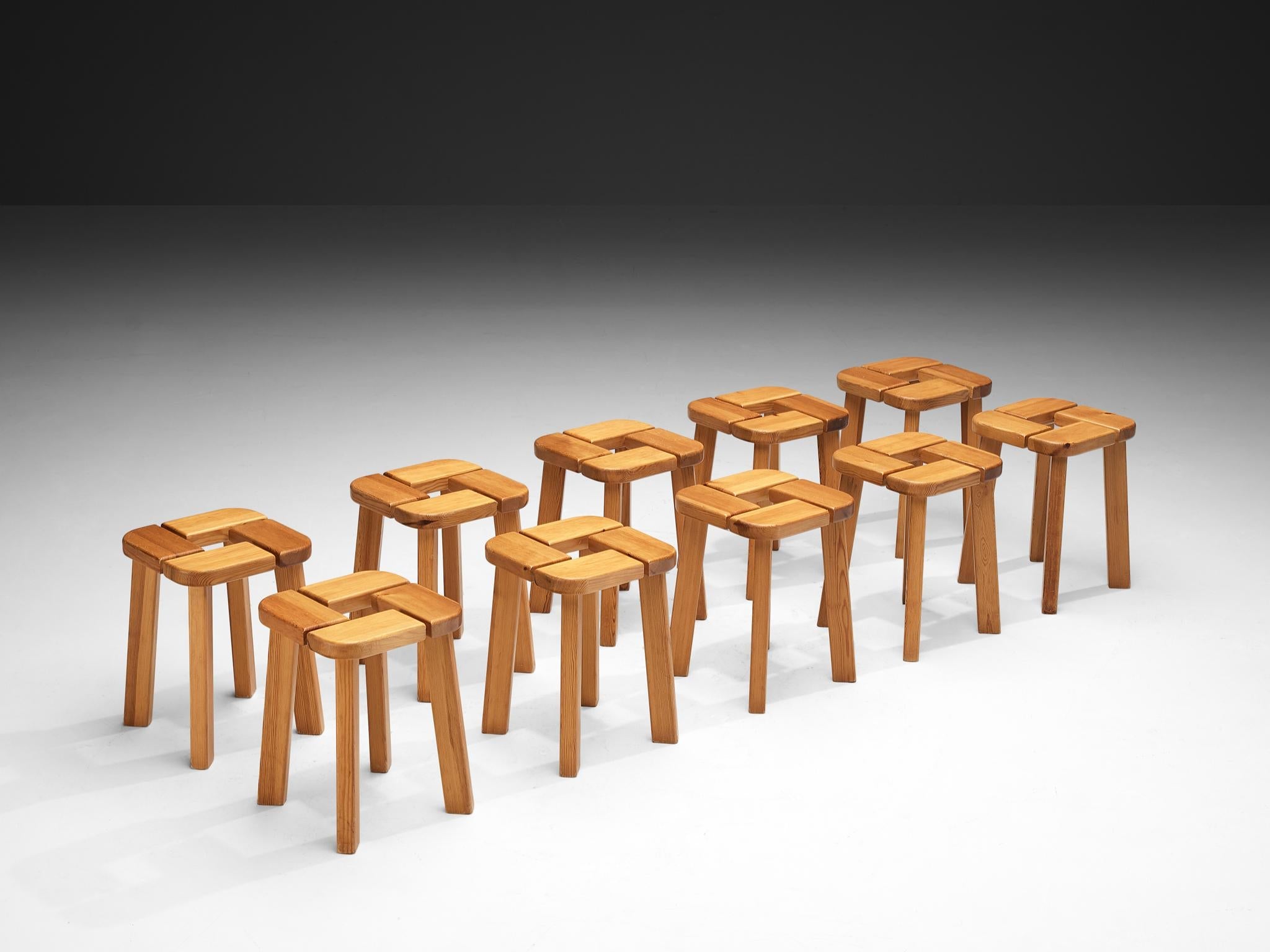 Scandinavian Stools in Pine with Geometric Tops 1970s