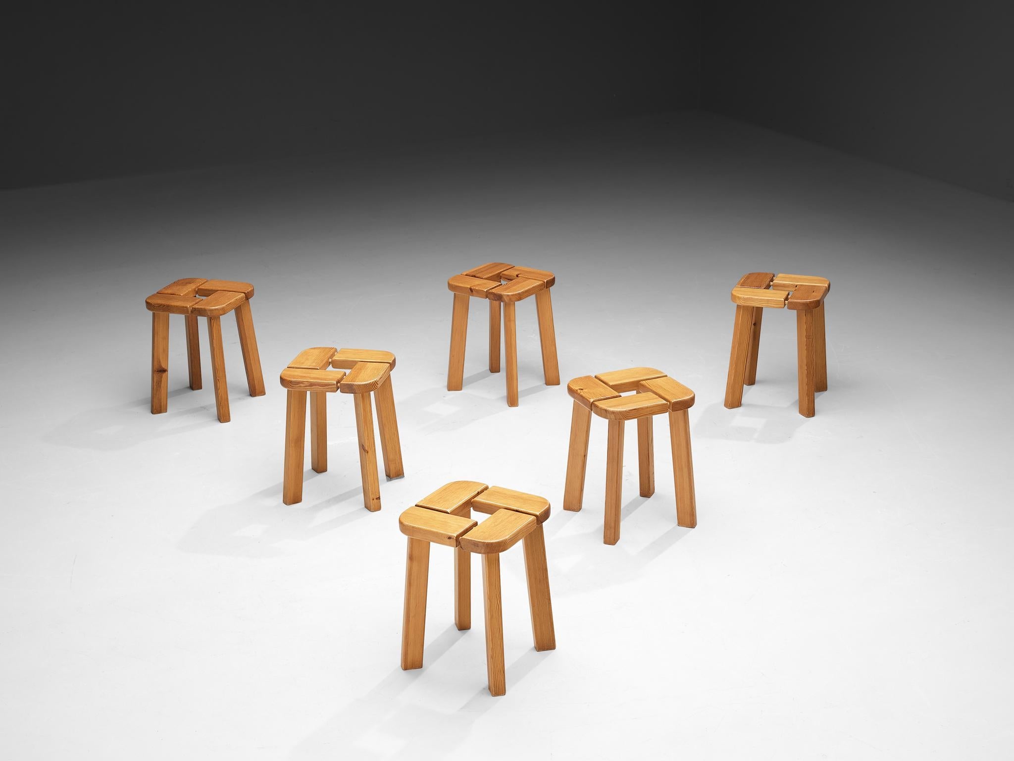 Scandinavian Stools in Pine with Geometric Tops 1970s