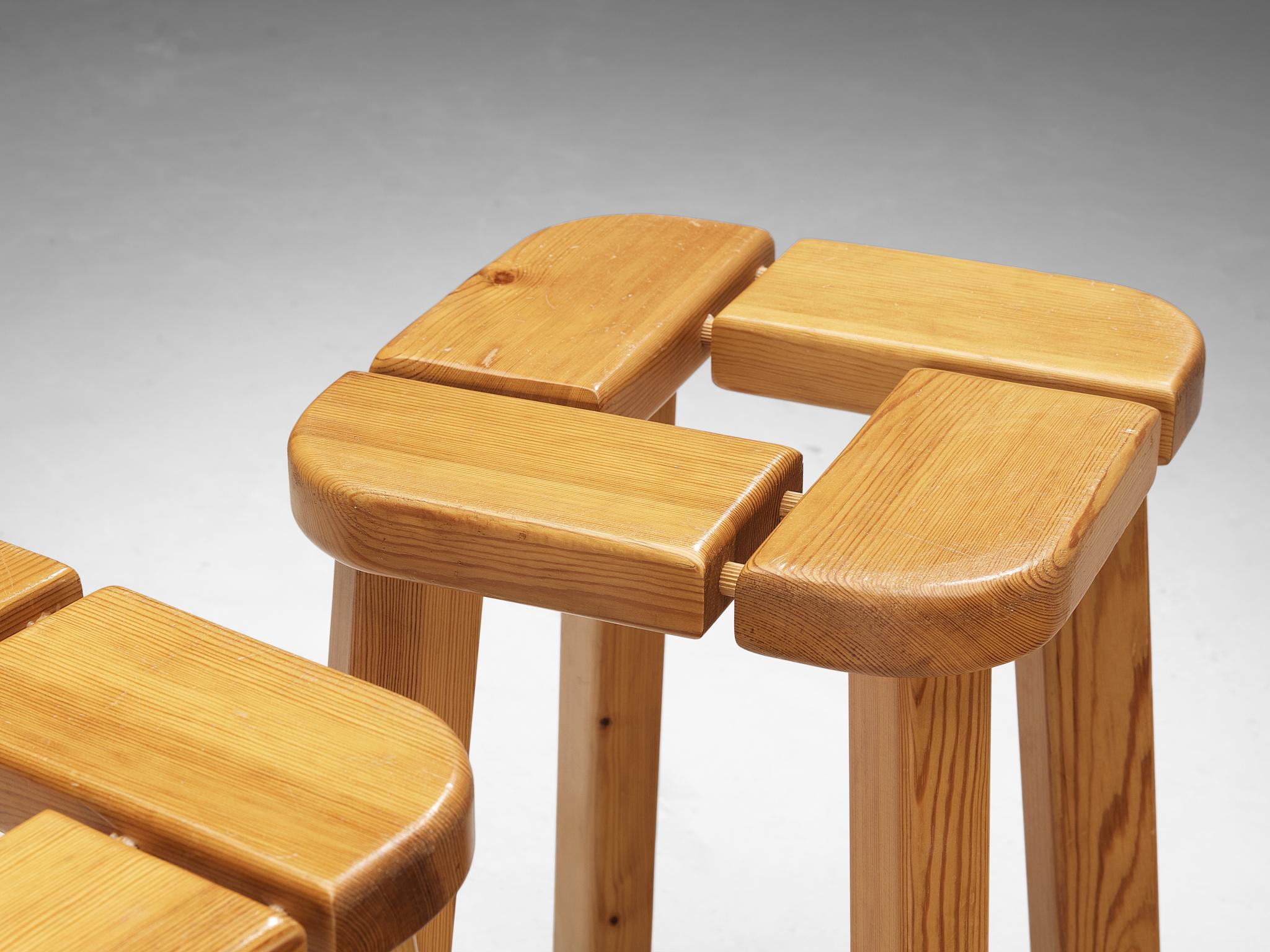 Scandinavian Stools in Pine with Geometric Tops 1970s