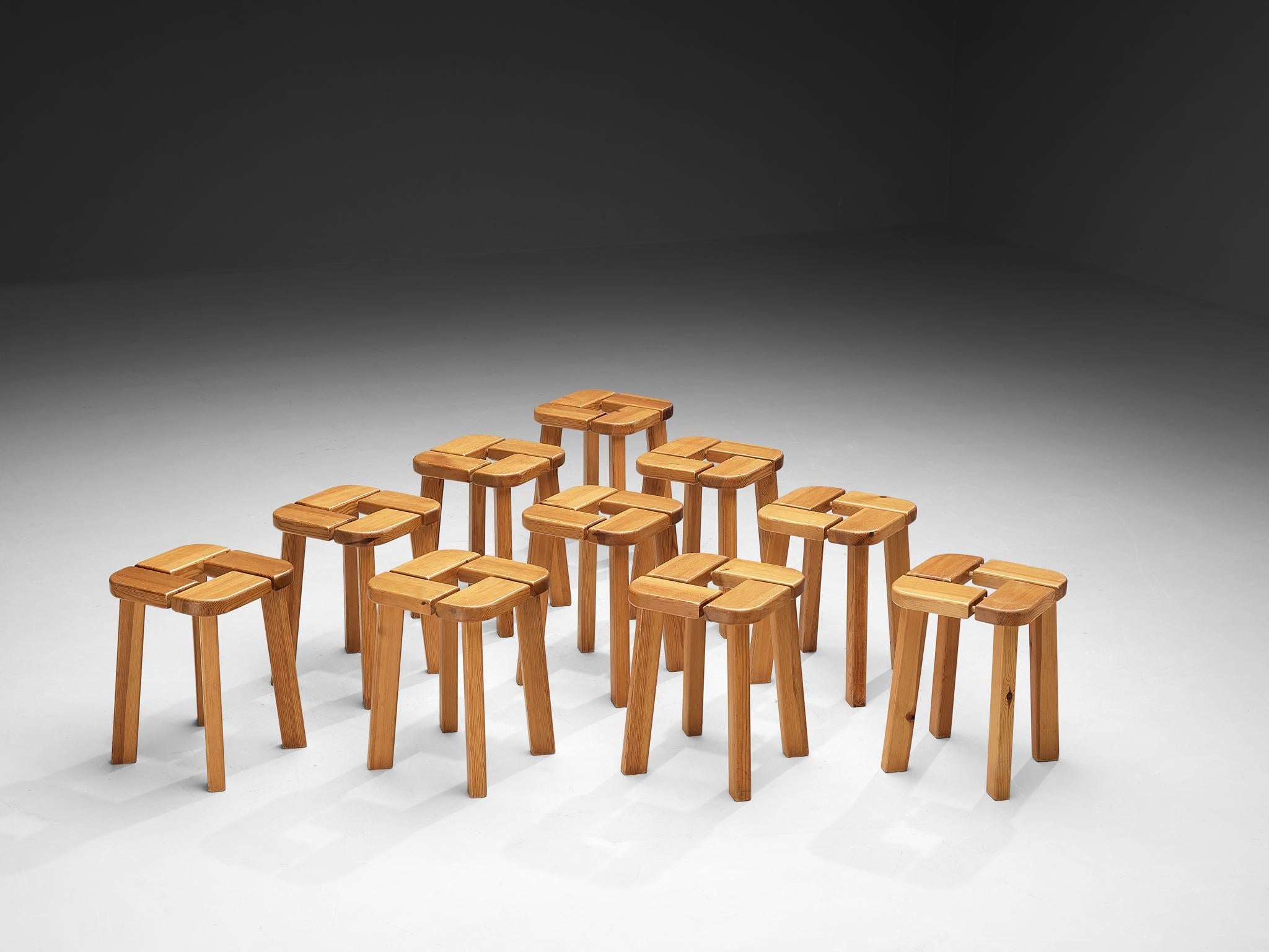 Scandinavian Stools in Pine with Geometric Tops 1970s