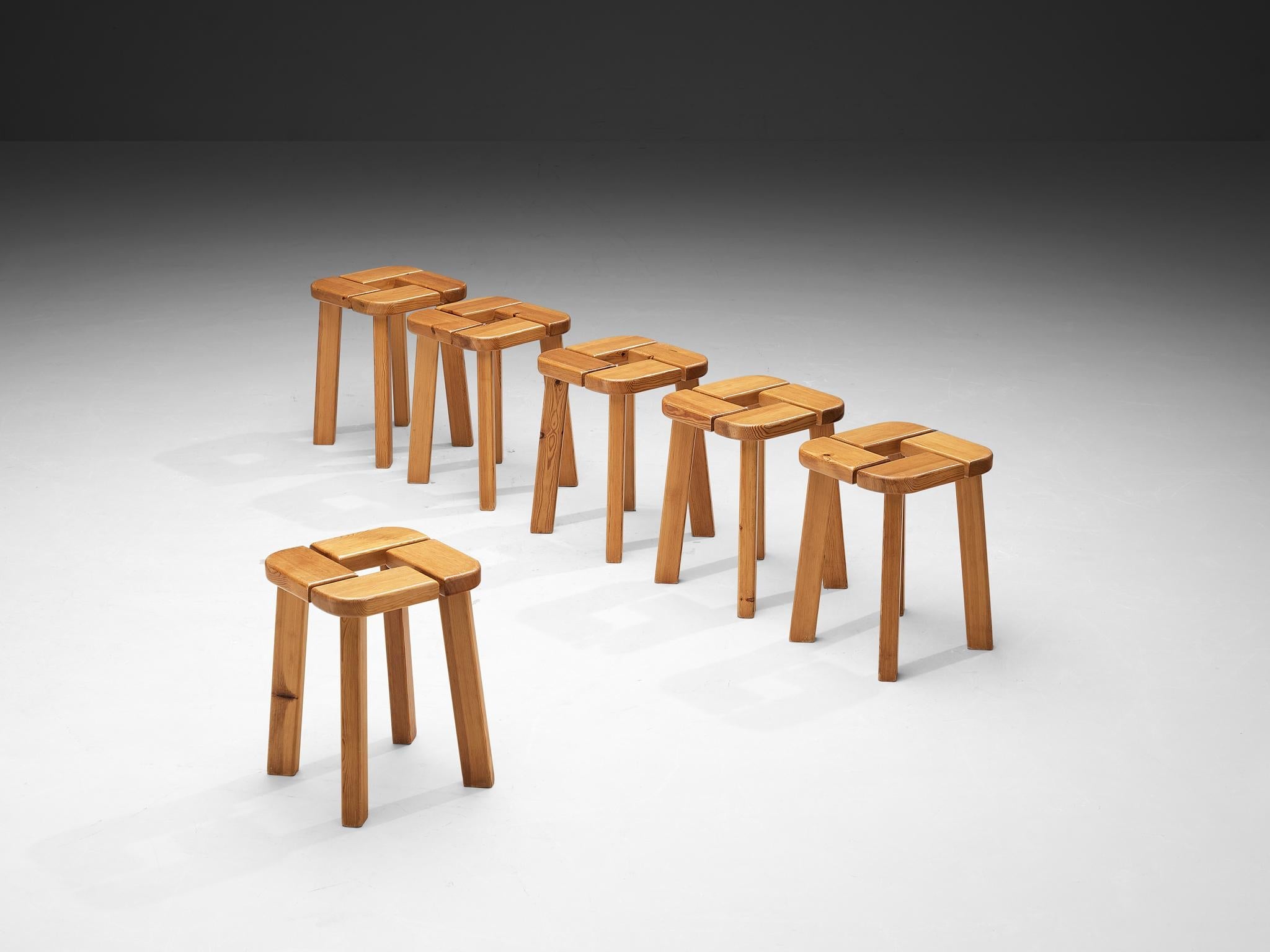 Scandinavian Stools in Pine with Geometric Tops 1970s