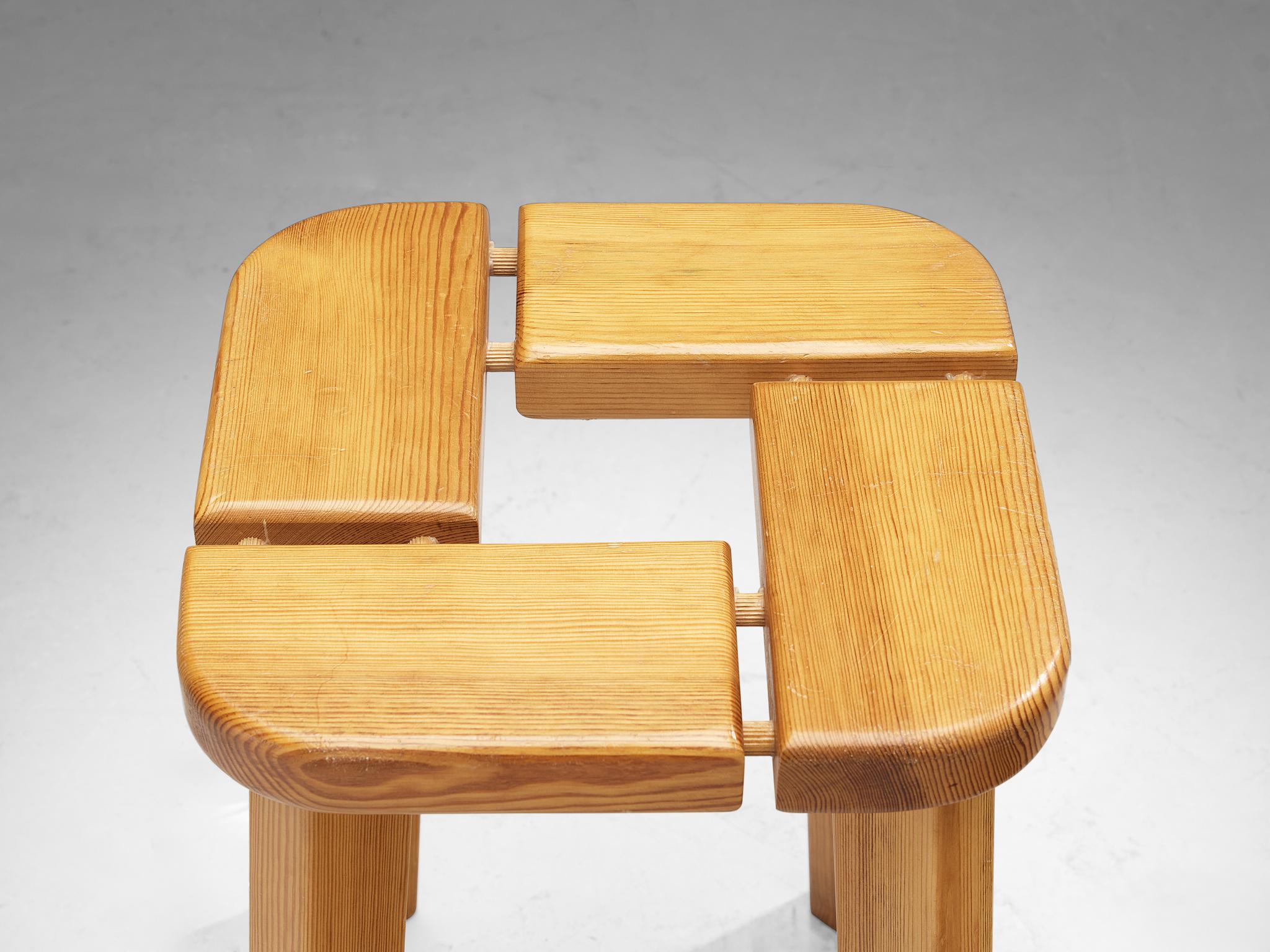 Scandinavian Stools in Pine with Geometric Tops 1970s