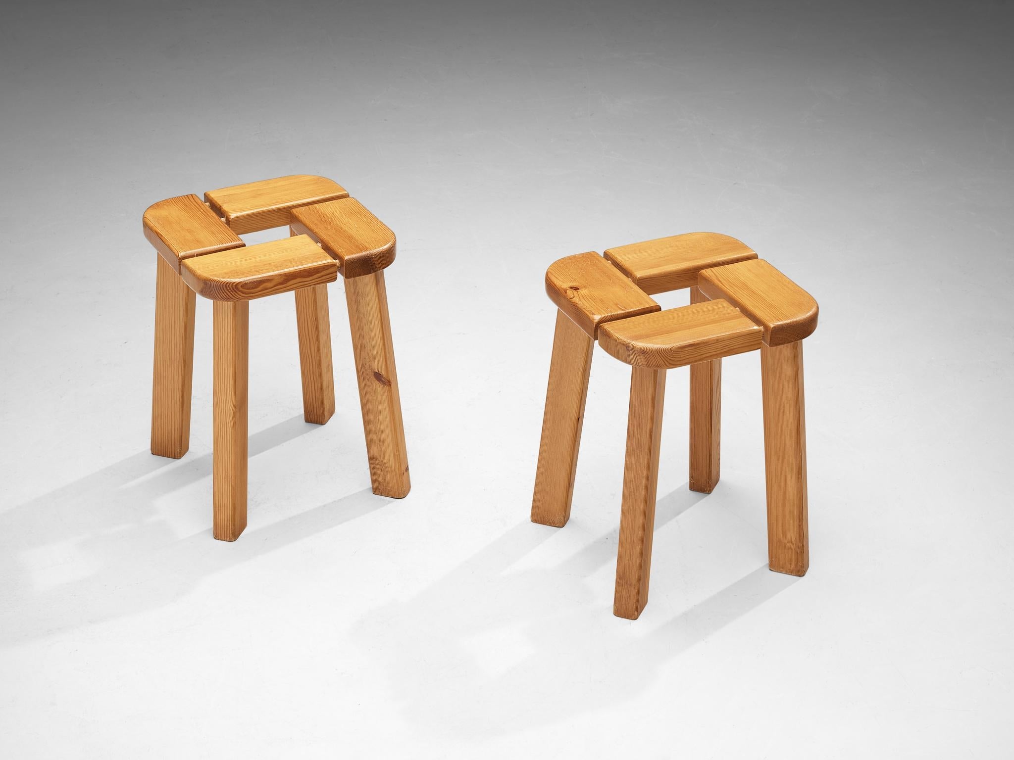 Scandinavian Stools in Pine with Geometric Tops 1970s