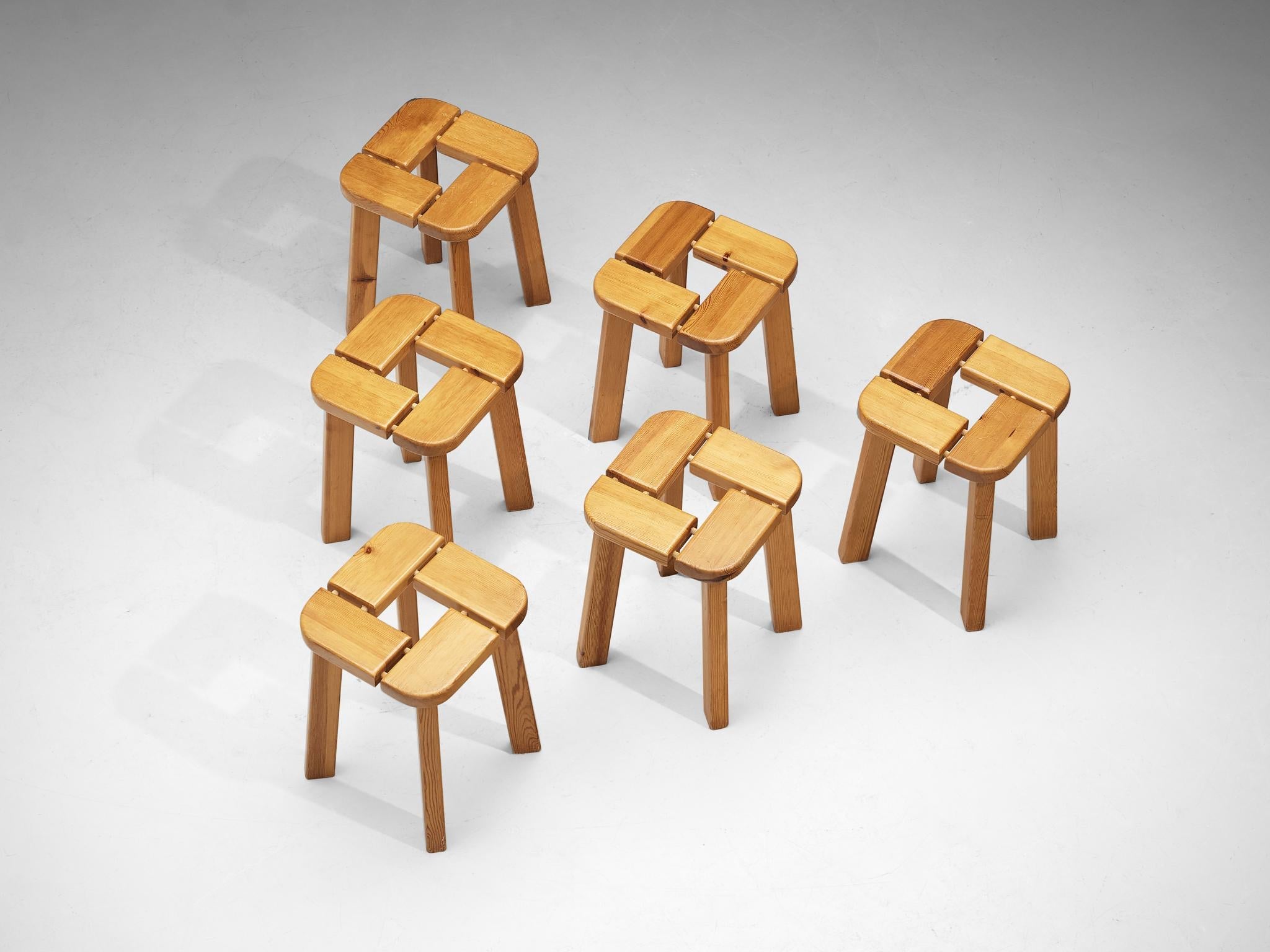 Scandinavian Stools in Pine with Geometric Tops 1970s