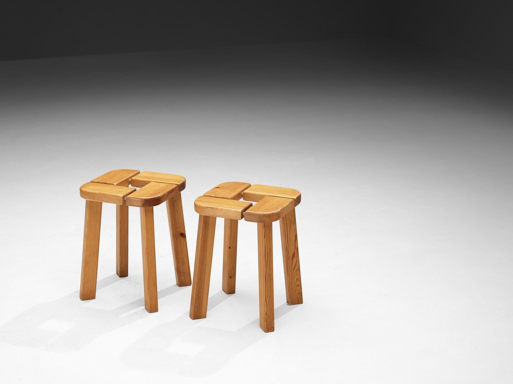 Scandinavian Stools in Pine with Geometric Tops 1970s