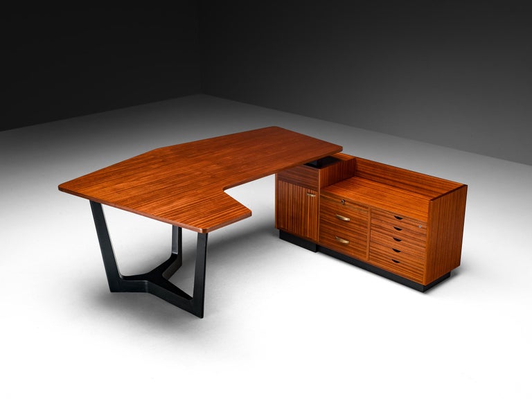 1950s Mid-Century Modern French Desk with Return in Mahogany