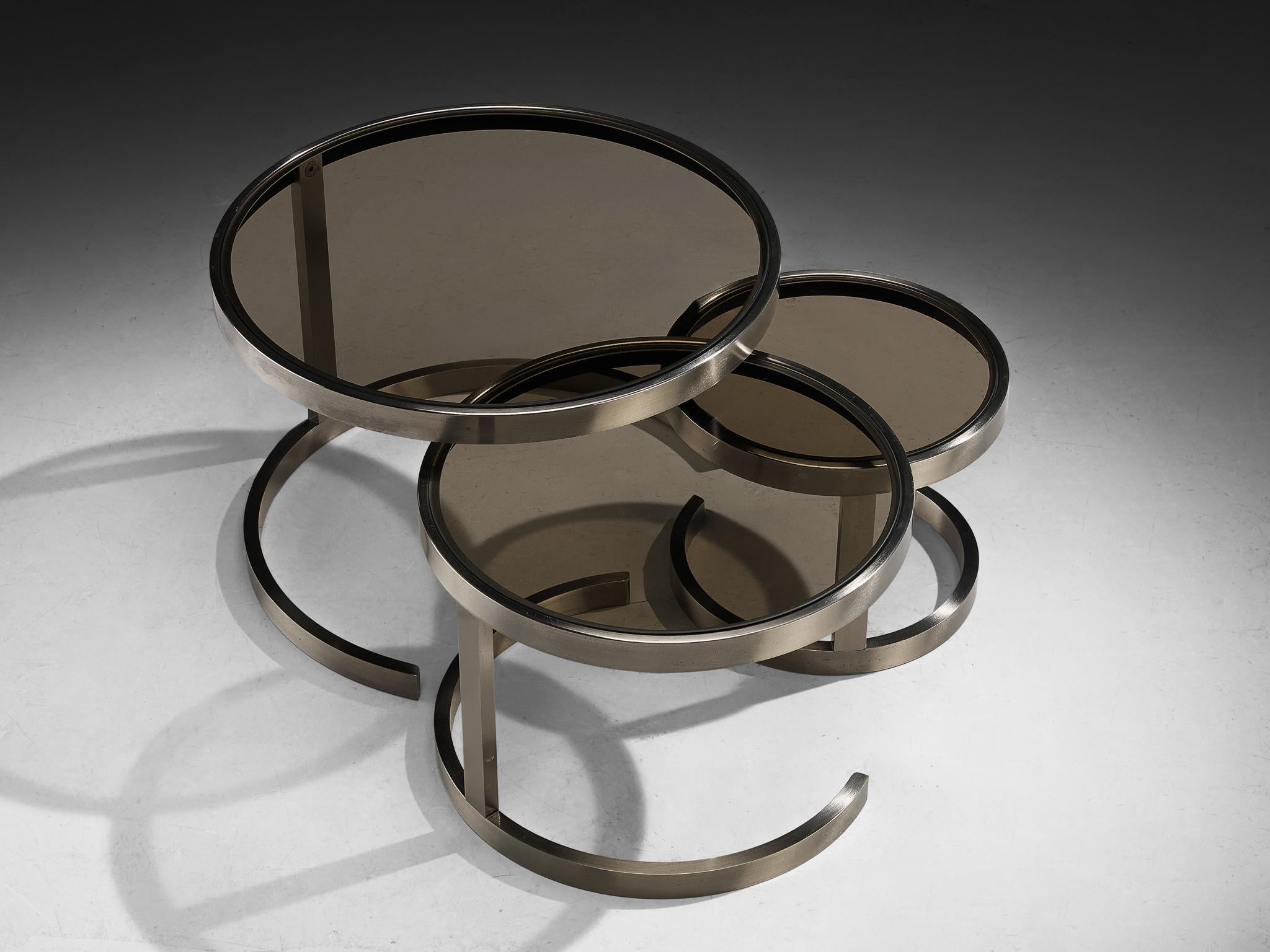 French Set of Three Nesting Tables in Steel and Smoked Glass