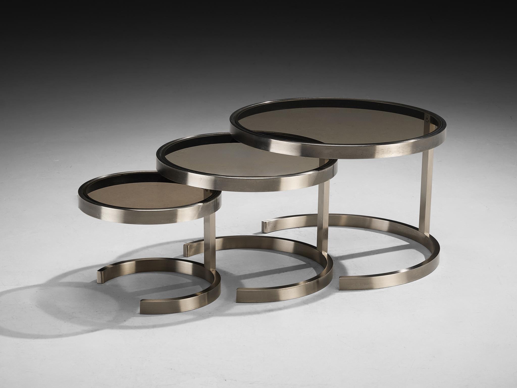 French Set of Three Nesting Tables in Steel and Smoked Glass