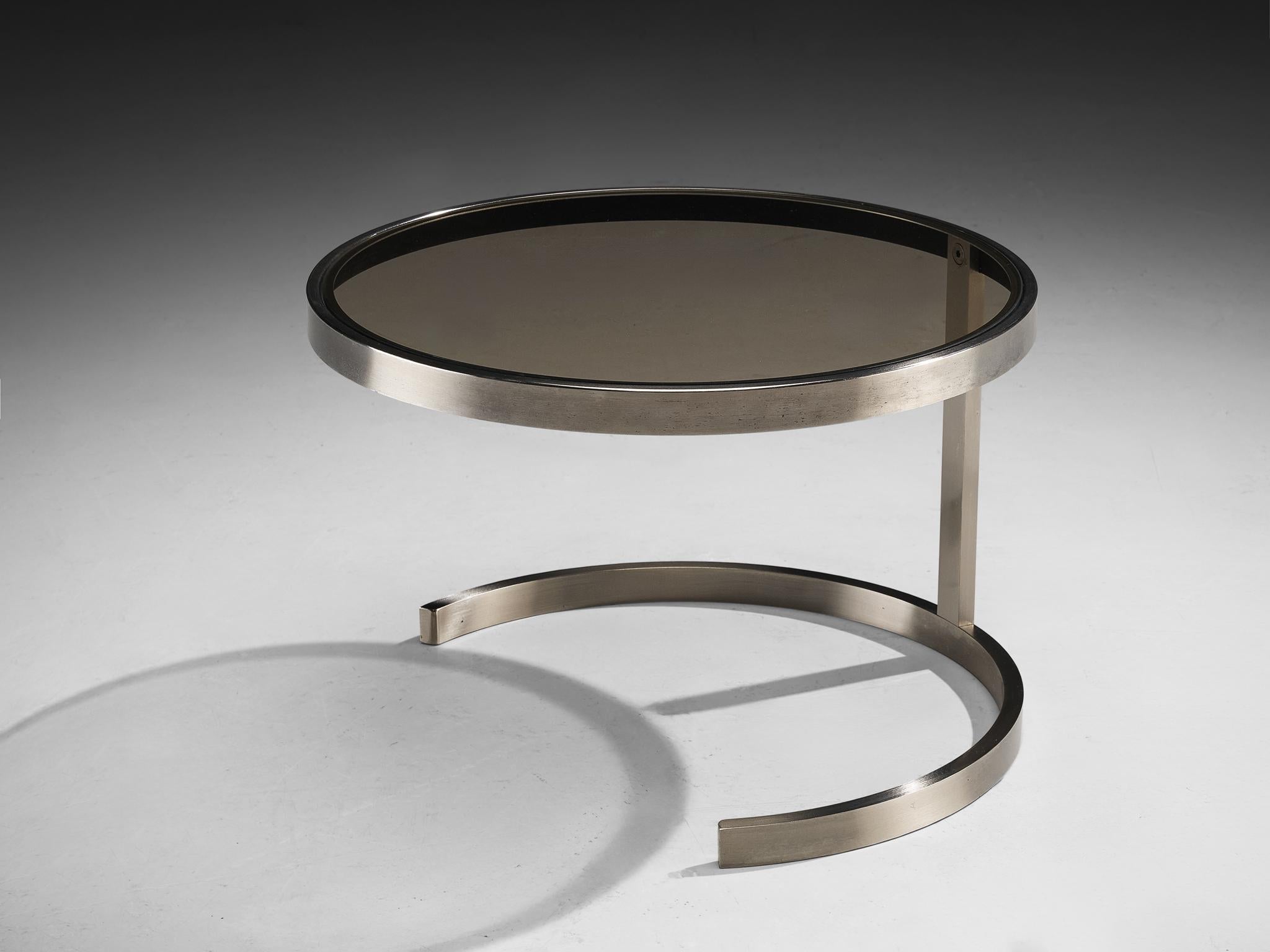 French Set of Three Nesting Tables in Steel and Smoked Glass