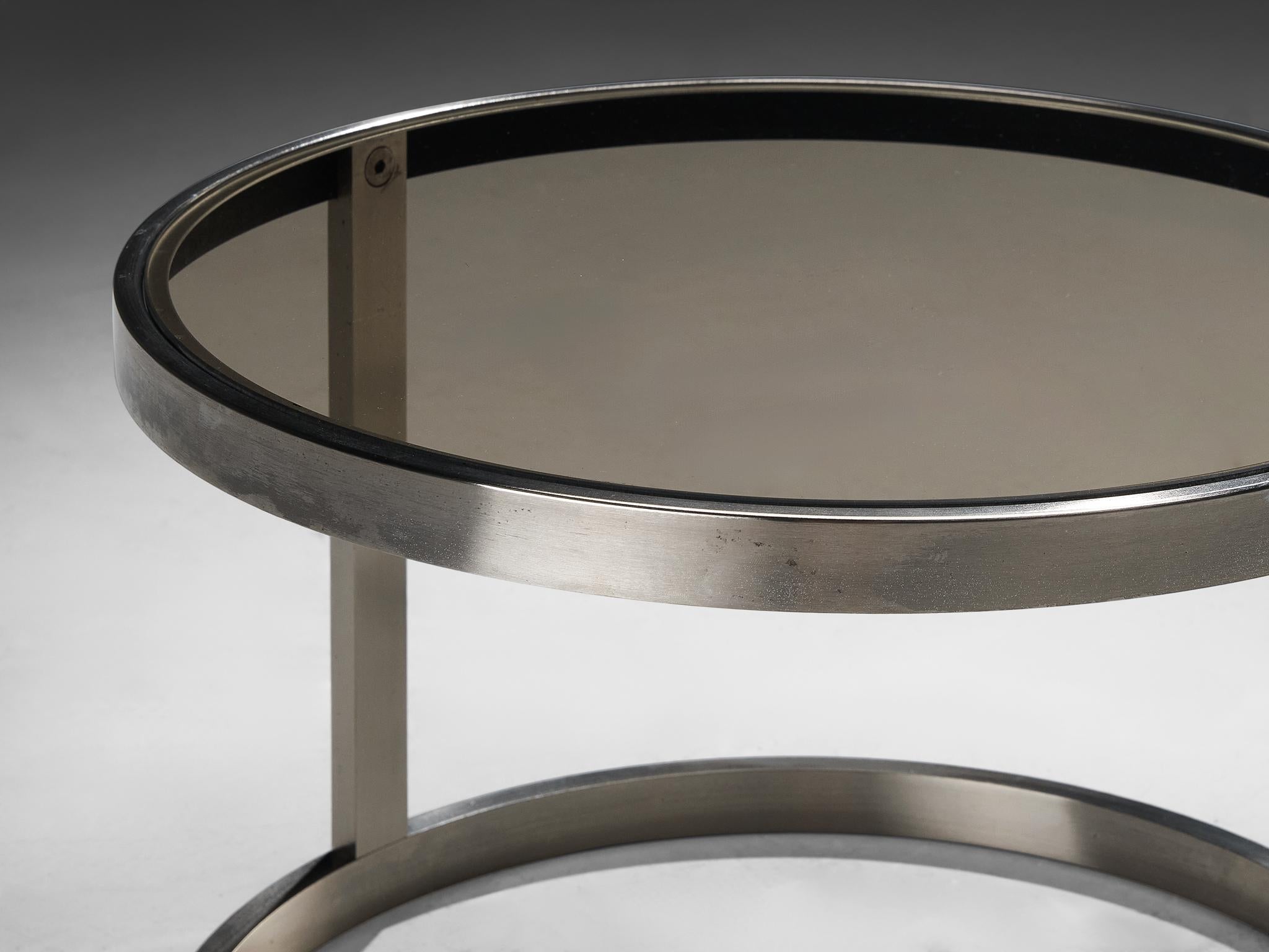 French Set of Three Nesting Tables in Steel and Smoked Glass