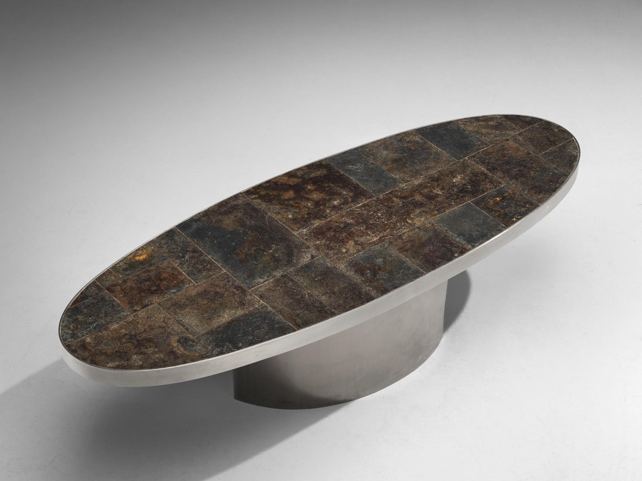 French Postmodern Coffee Table in Steel and Slate