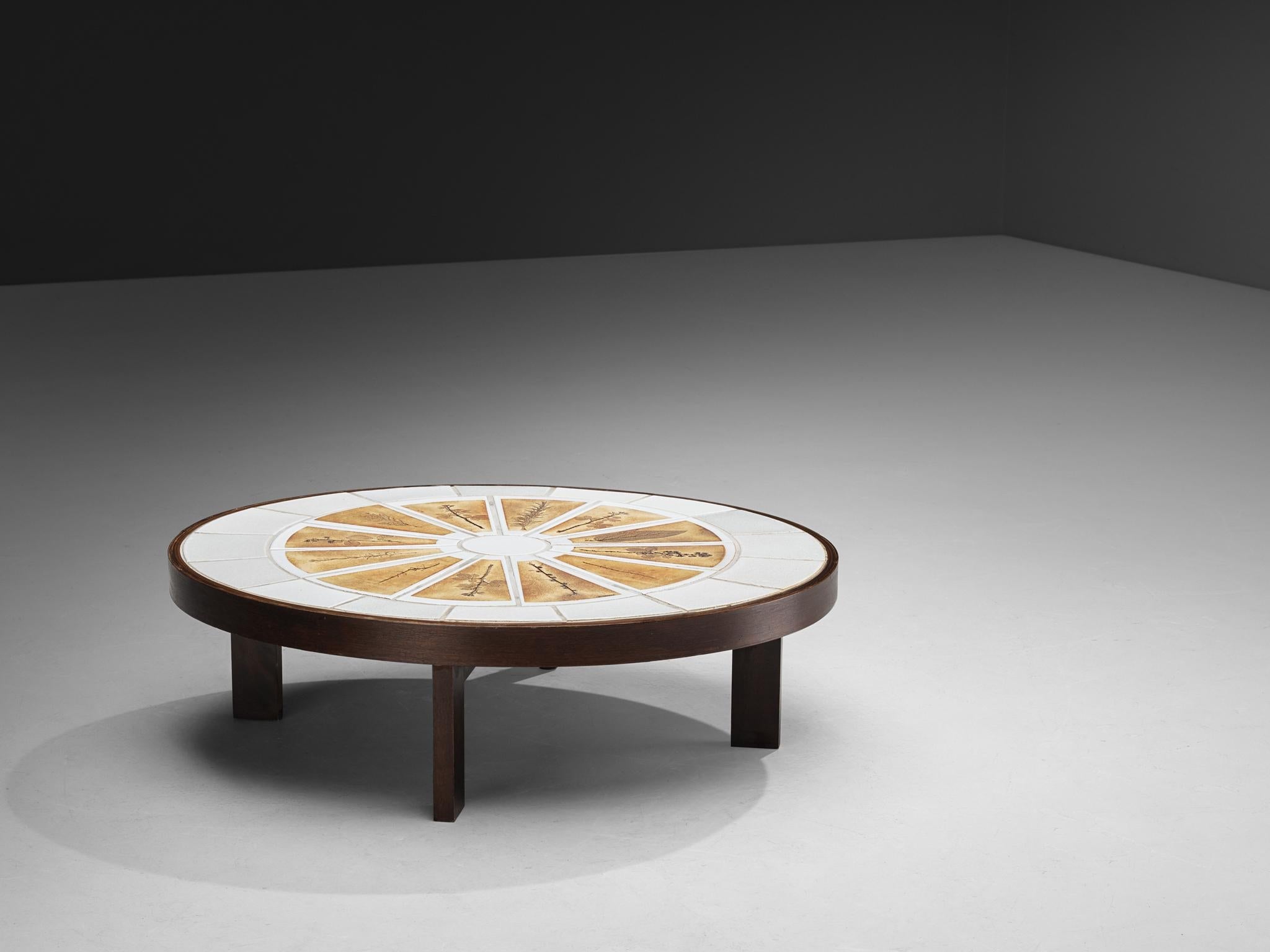 Roger Capron Oval Coffee Table with Fauna Imprints in Ceramic and Wood