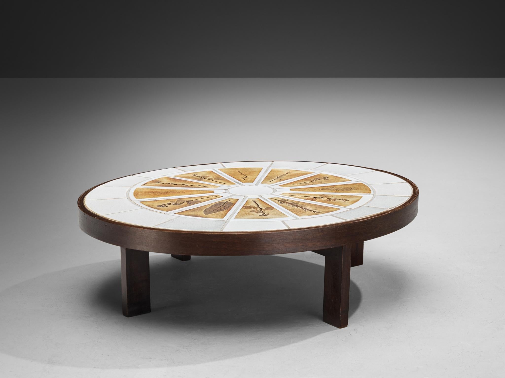 Roger Capron Oval Coffee Table with Fauna Imprints in Ceramic and Wood