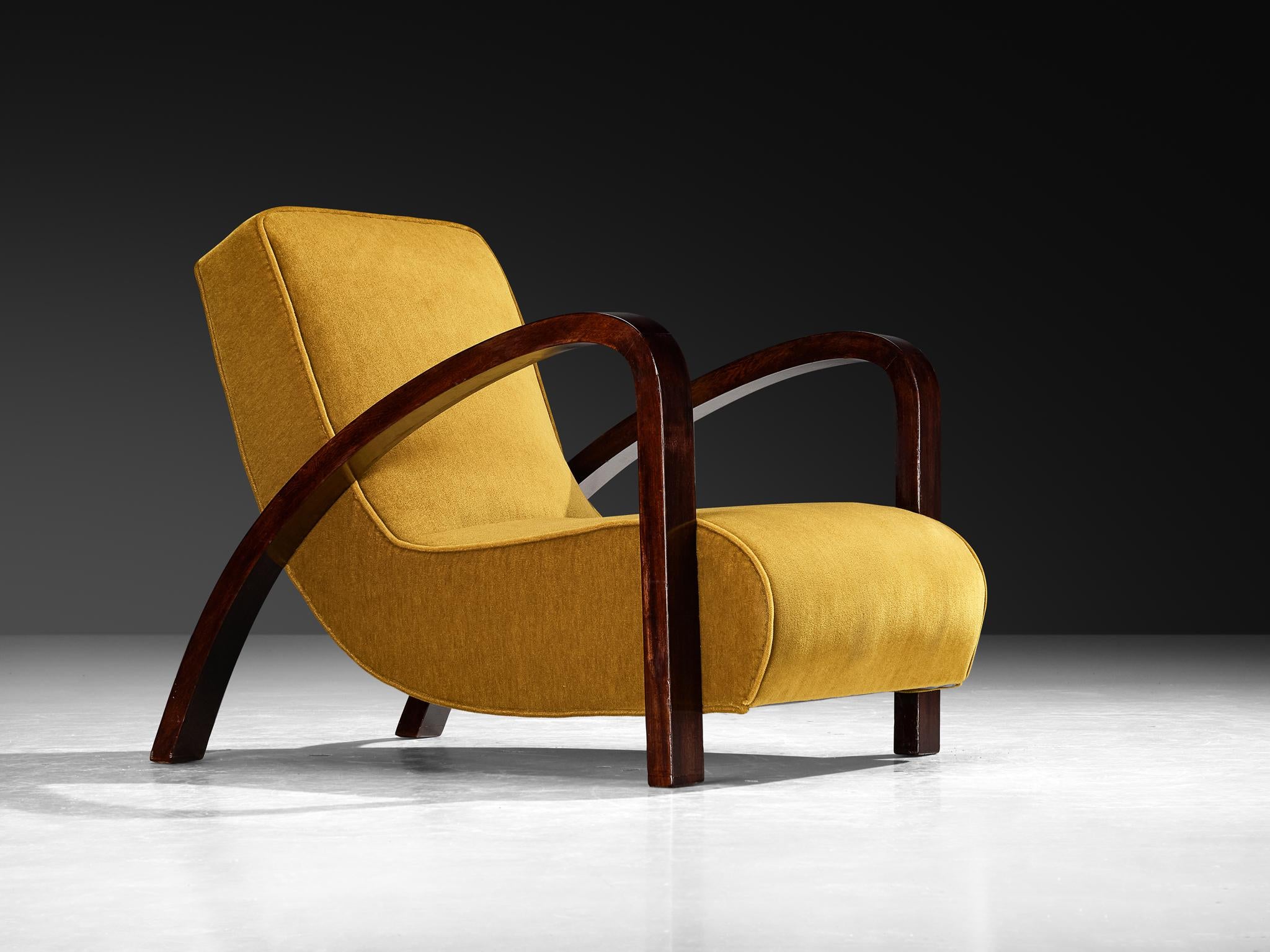 French Art Deco Lounge Chair in Mahogany and Pierre Frey Mohair