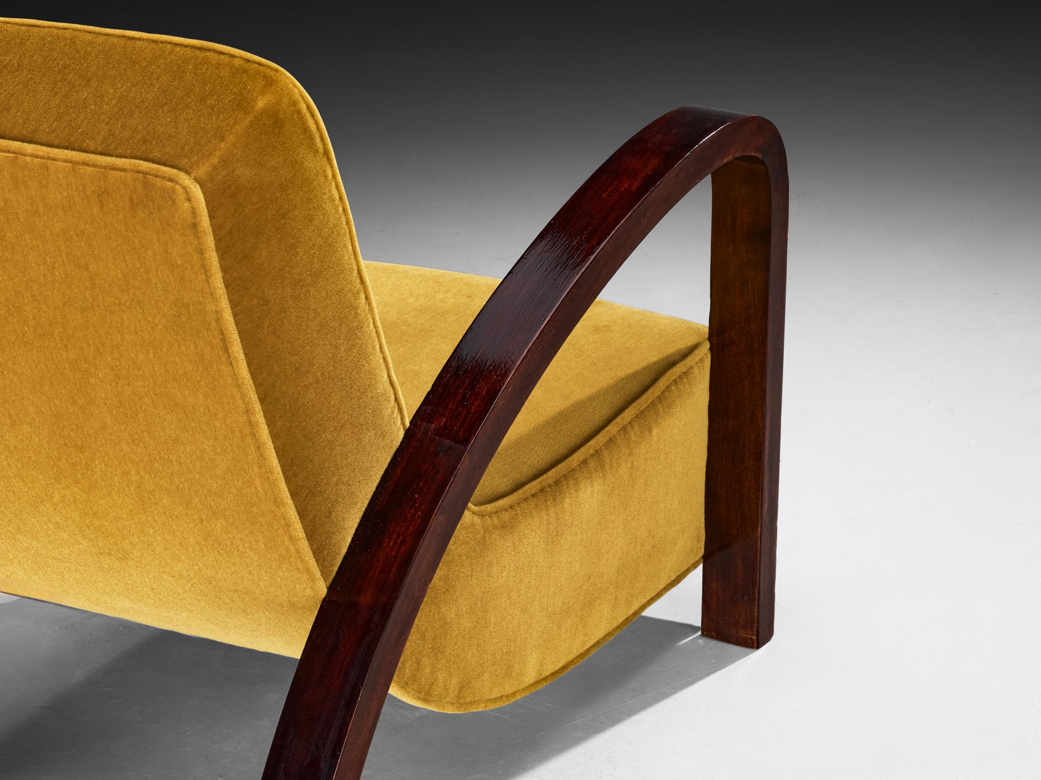 French Art Deco Lounge Chair in Mahogany and Pierre Frey Mohair