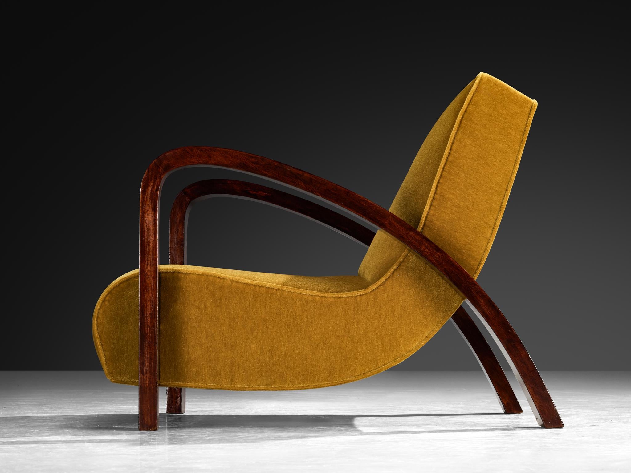 French Art Deco Lounge Chair in Mahogany and Pierre Frey Mohair