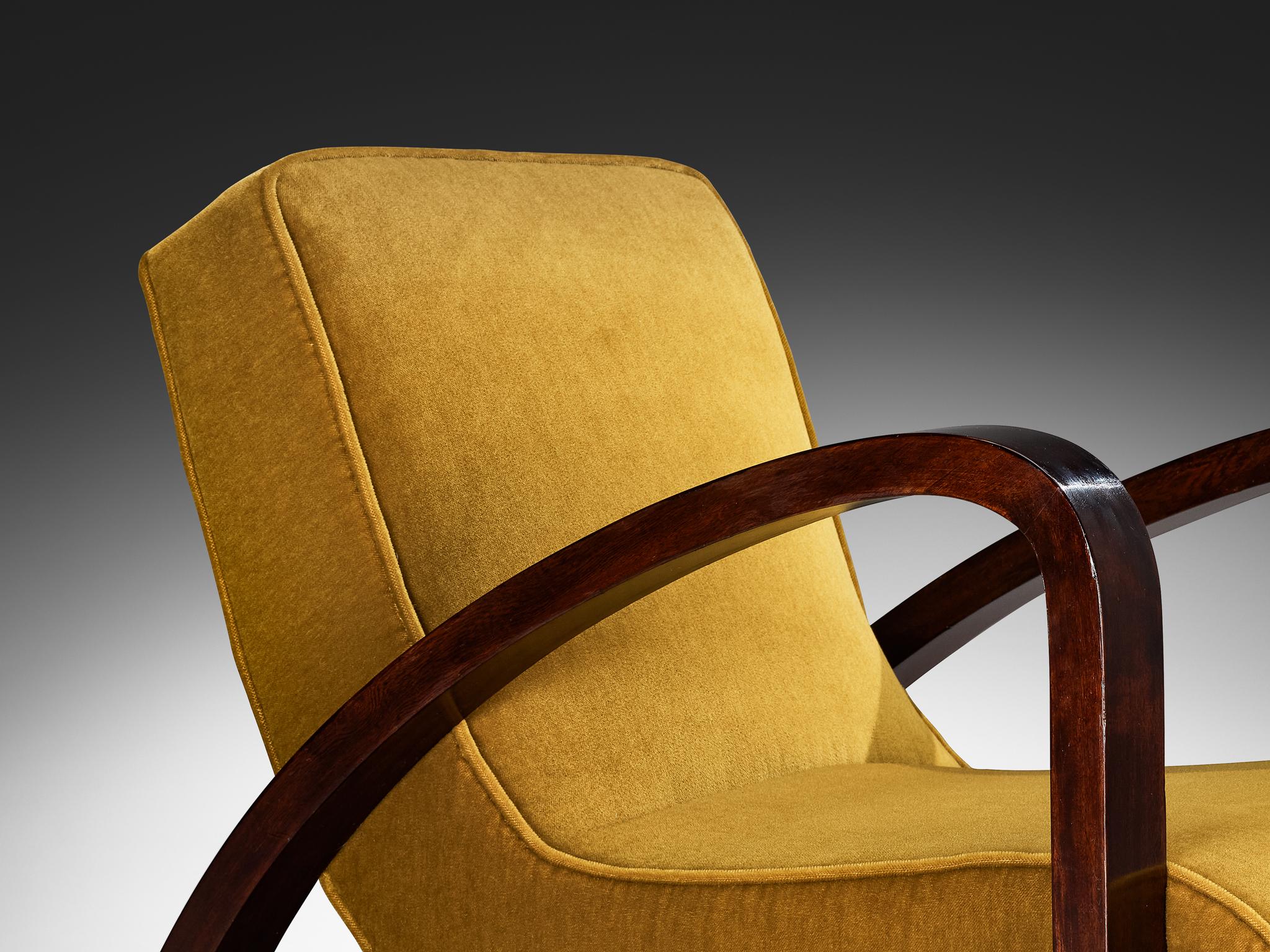 French Art Deco Lounge Chair in Mahogany and Pierre Frey Mohair