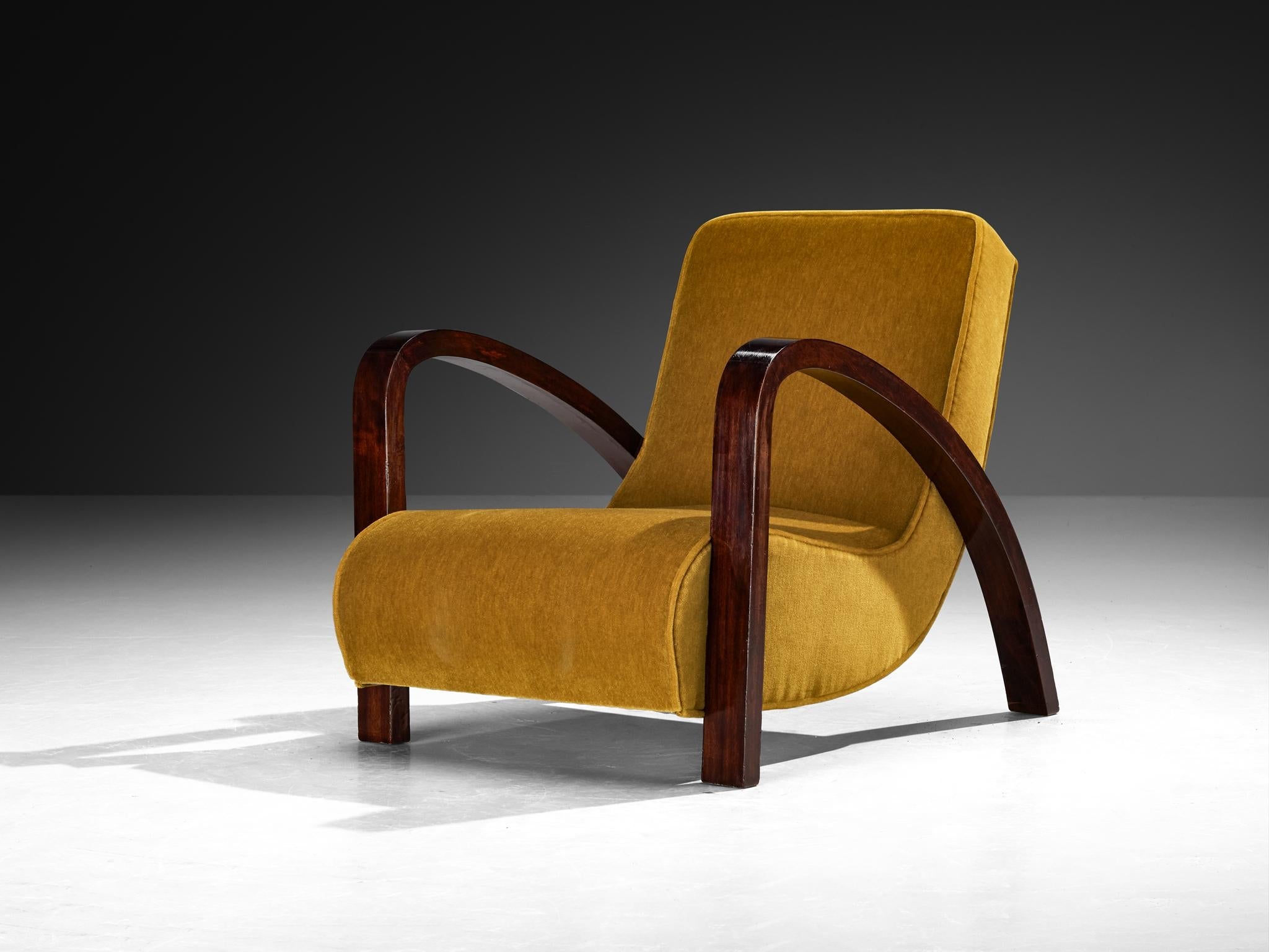 French Art Deco Lounge Chair in Mahogany and Pierre Frey Mohair