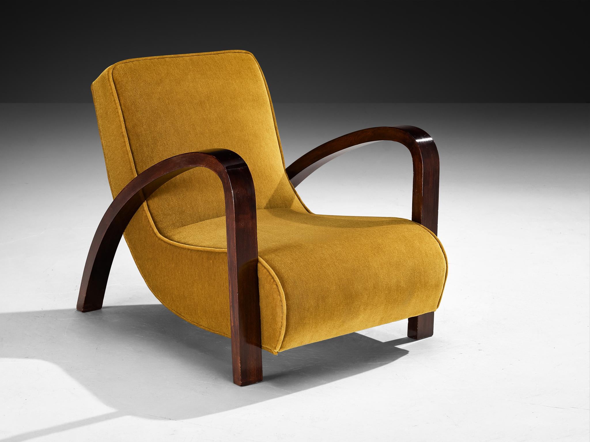 French Art Deco Lounge Chair in Mahogany and Pierre Frey Mohair