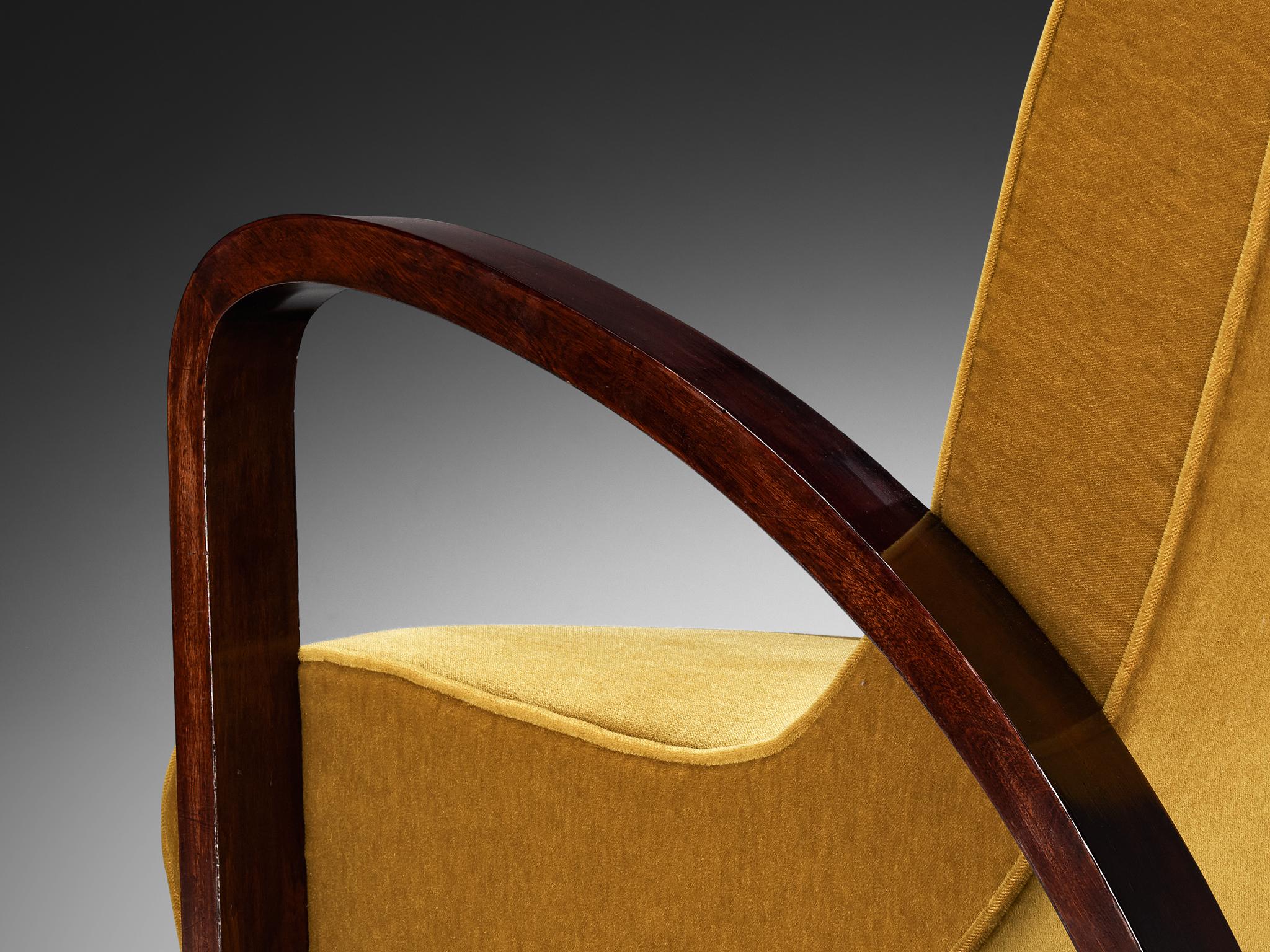 French Art Deco Lounge Chair in Mahogany and Pierre Frey Mohair