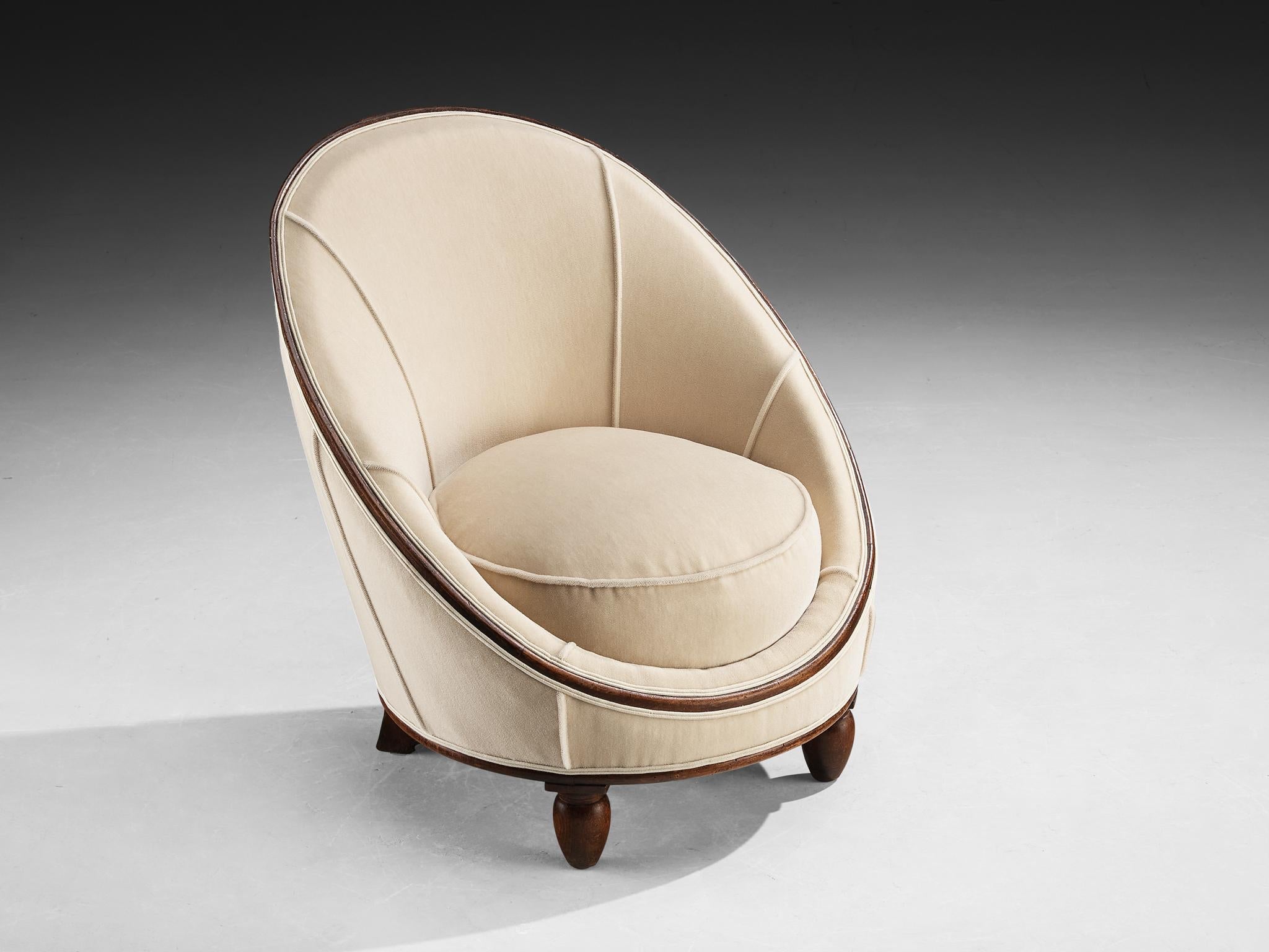 French Art Deco Lounge Chair in Off-White Fabric and Wood