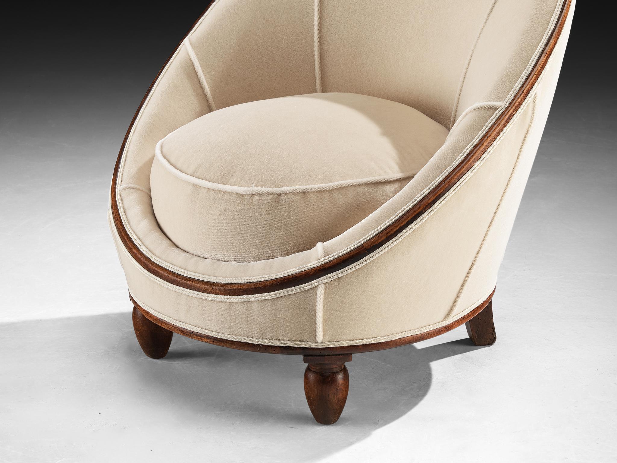 French Art Deco Lounge Chair in Off-White Fabric and Wood